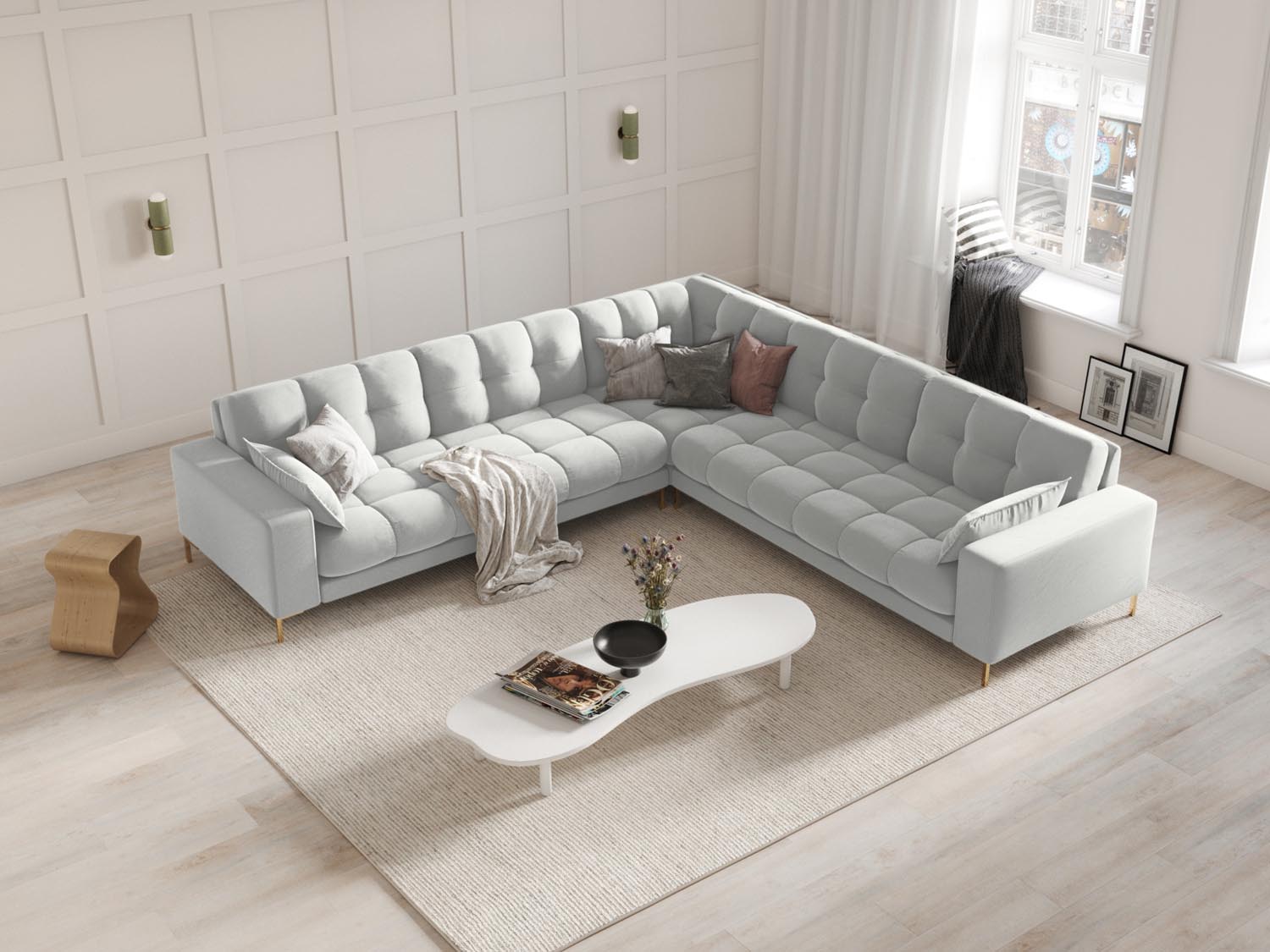 Entdecken Sie das elegante Mamaia Velour Ecksofa von Micadoni – ein 6-Sitzer für stilvolle Entspannung in Ihrem Wohnzimmer.