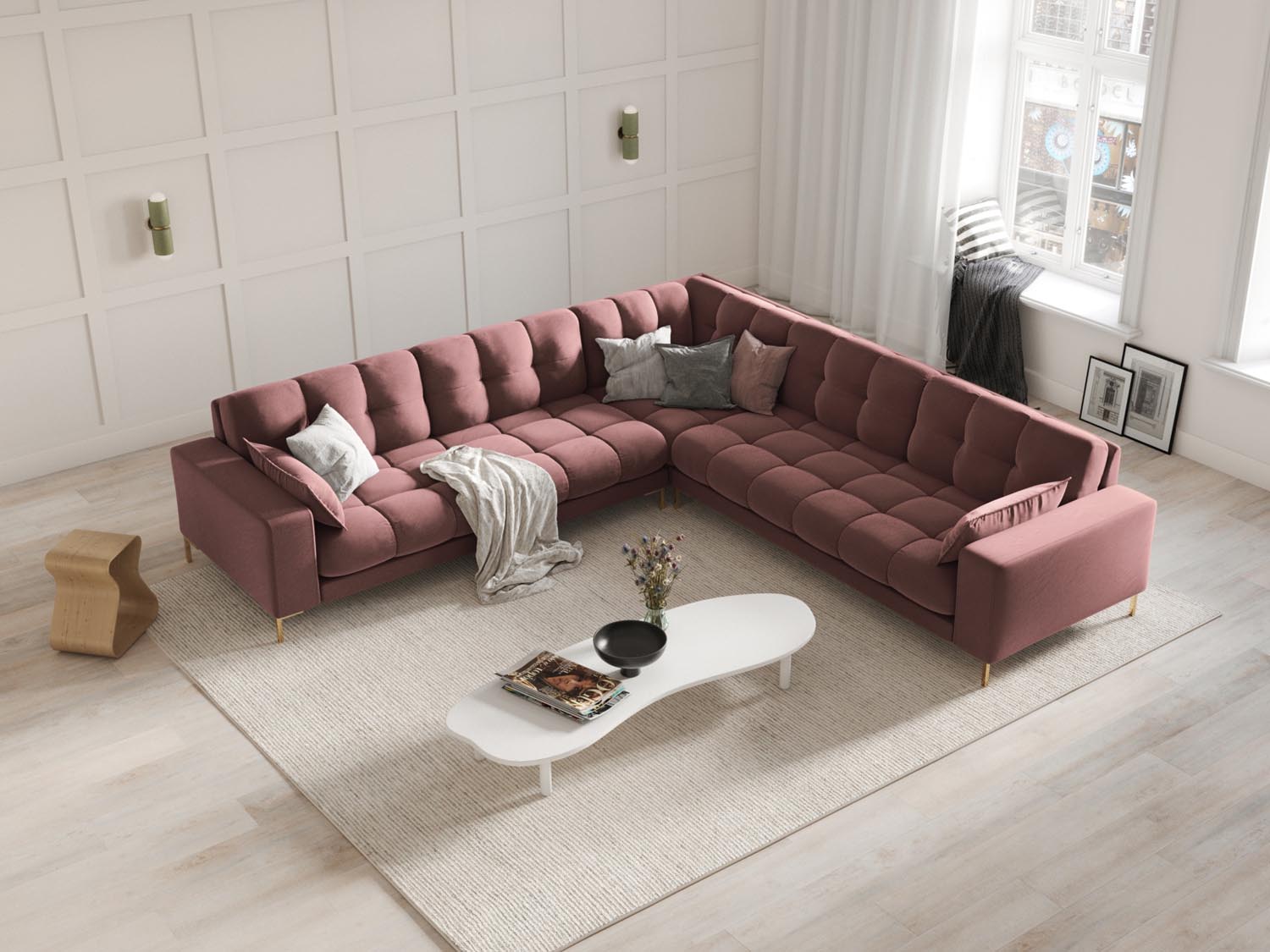 Entdecken Sie das elegante Mamaia Velour Ecksofa von Micadoni – ein stilvolles 6-Sitzer Sofa für Ihr Wohnzimmer, das Komfort und Design vereint.