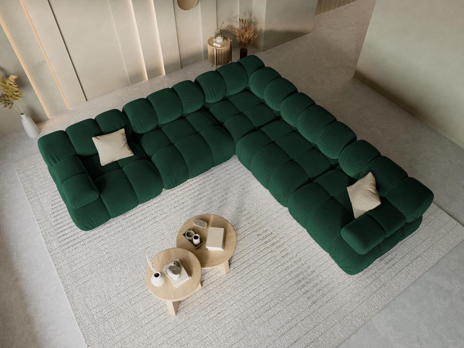 Elegantes Bellis Velour Ecksofa in Flaschengrün, 5-Sitzer, 282 cm, ideal für stilvolle Wohnräume, präsentiert von Micadoni.