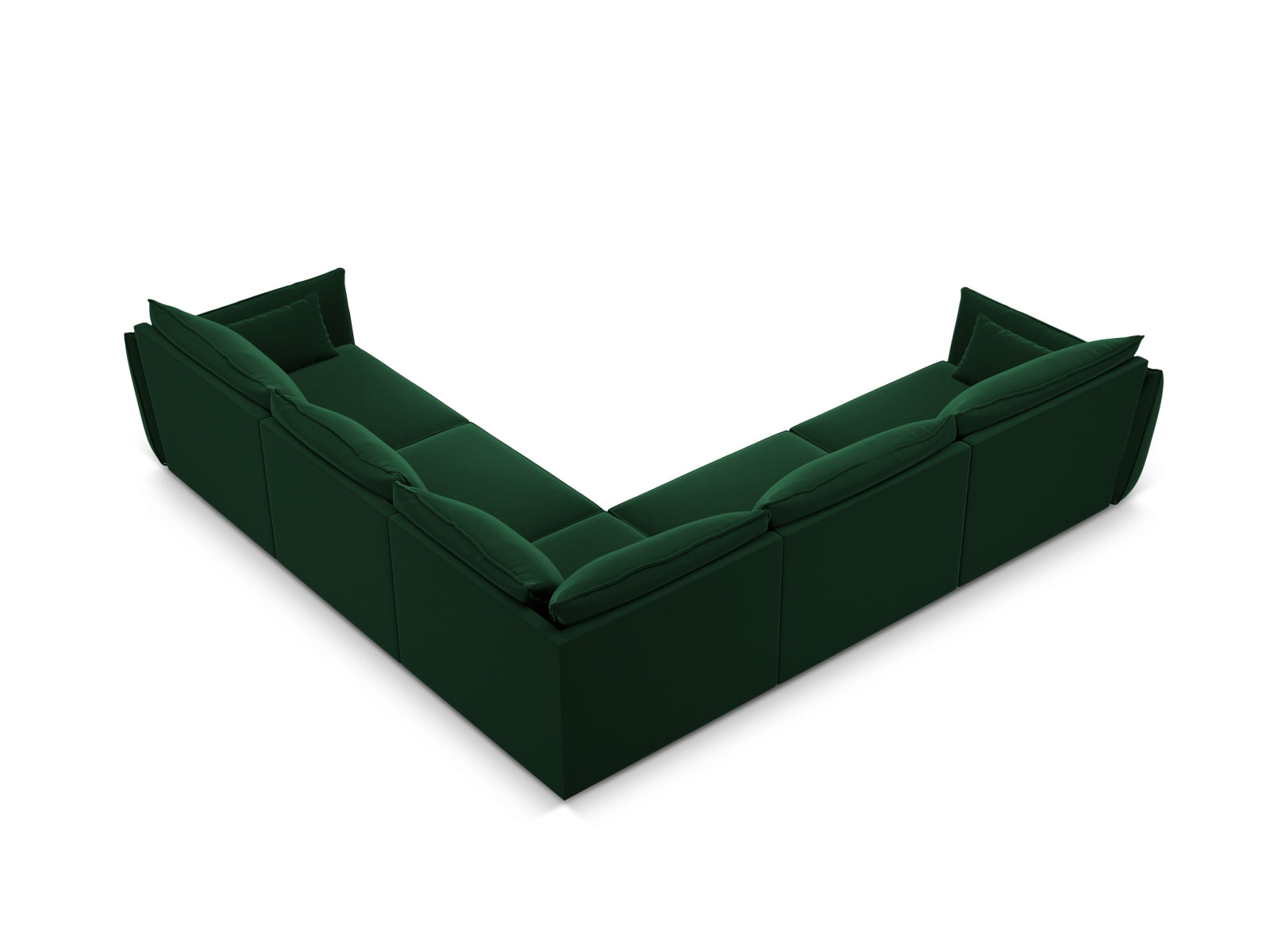 Luxuriöses 7-Sitzer Ecksofa Kaelle aus Velours in edlem Flaschengrün, perfekt für moderne und elegante Wohnambiente.