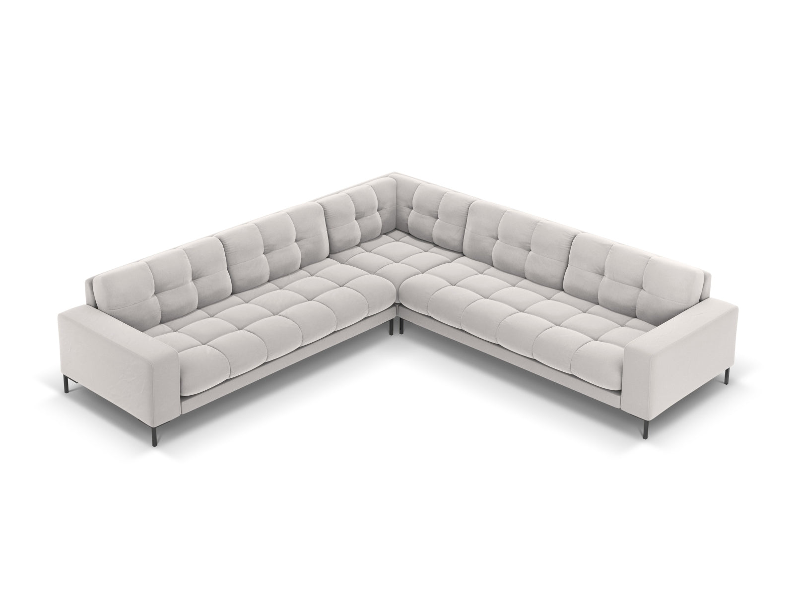 Luxuriöses Mamaia Velour Ecksofa in edlem Silber und Schwarz, perfekt für moderne Wohnzimmer. Geräumiges 6-Sitzer mit symmetrischer Form.