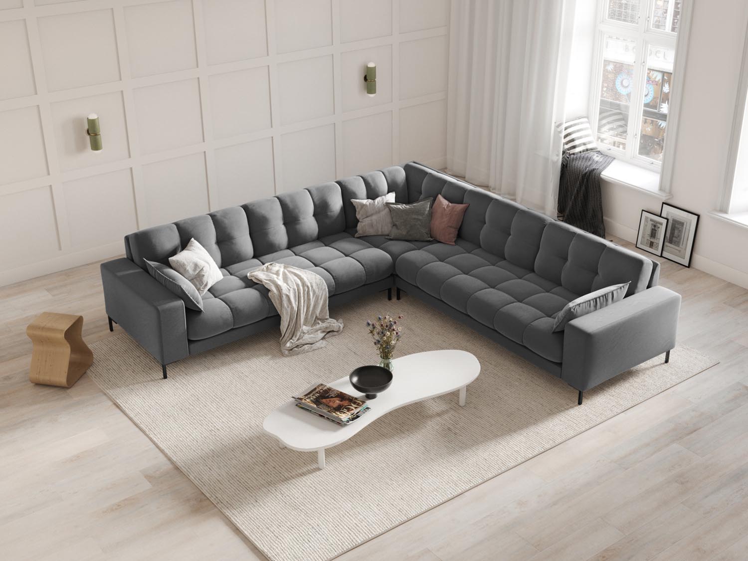 Elegantes Mamaia Velour Ecksofa in symmetrischem Design, ideal für stilvolle Wohnräume, in sanften Grautönen.