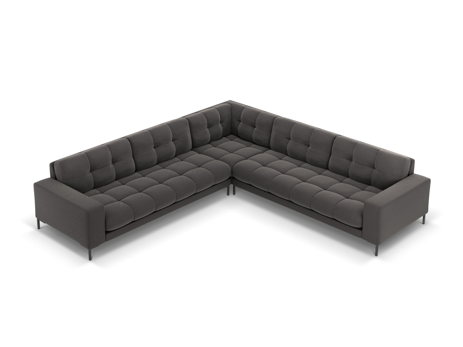 Stylisches Mamaia Velour Ecksofa für 6 Personen, symmetrisch gestaltet, in edlem Dunkelgrau und Schwarz-Bluvel, perfekt für moderne Wohnzimmer.