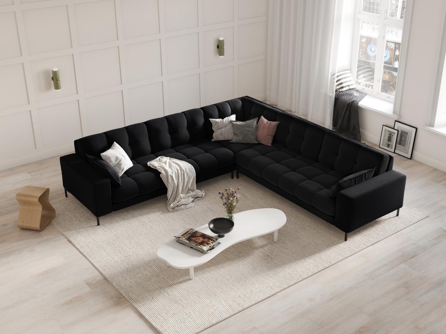 Elegantes Mamaia Velour Ecksofa in Schwarz, ideal für stilvolle Wohnräume. Bequemes 6-Sitzer Design von Micadoni.