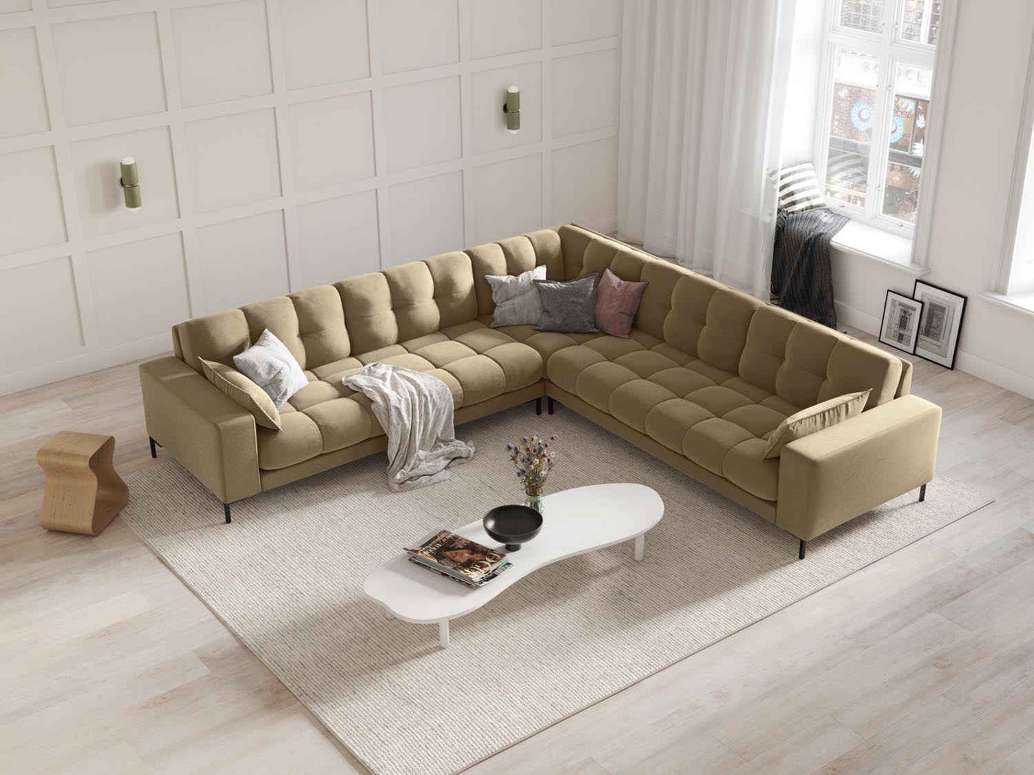 Elegantes Mamaia Velour Ecksofa in symmetrischer Form, ideal für stilvolle Wohnräume, präsentiert in sanften Beige- und Schwarz-Tönen.