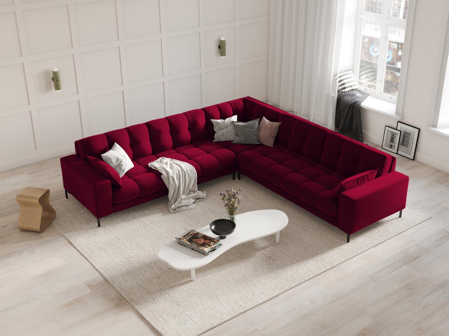 Elegantes Mamaia Velour Ecksofa in Rot und Schwarz, ideal für stilvolle Wohnräume, präsentiert in einem modernen Ambiente.