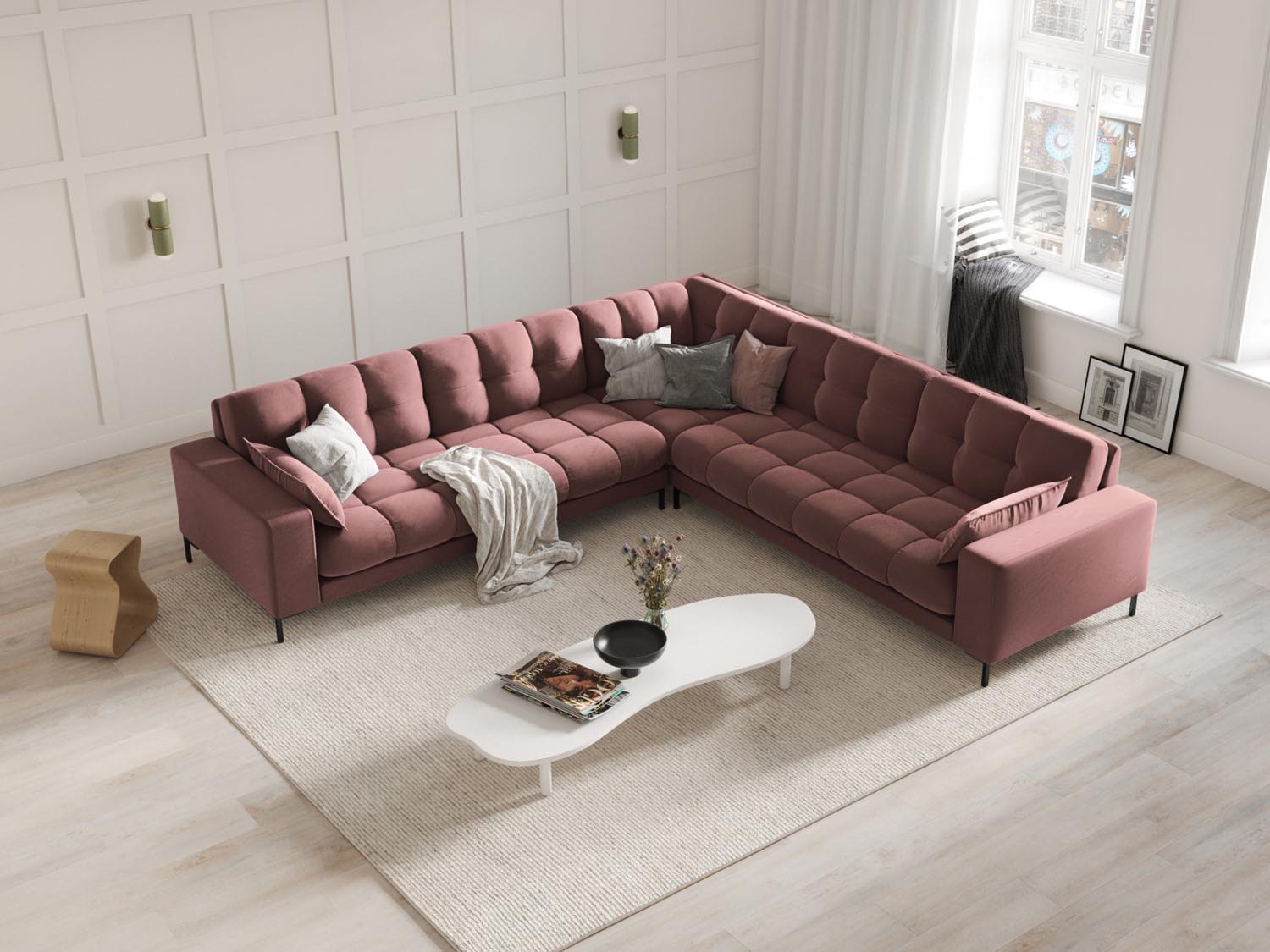 Entdecken Sie das elegante Mamaia Velour Ecksofa von Micadoni – ein stilvolles 6-Sitzer Sofa für Ihr Wohnzimmer, das Komfort und Design vereint.
