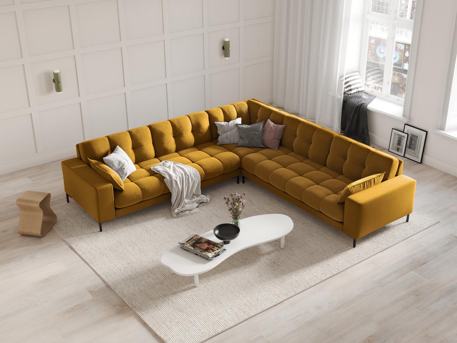 Elegantes Mamaia Velour Ecksofa in Gelb und Schwarz, ideal für stilvolle Wohnräume, präsentiert in einem modernen Ambiente.