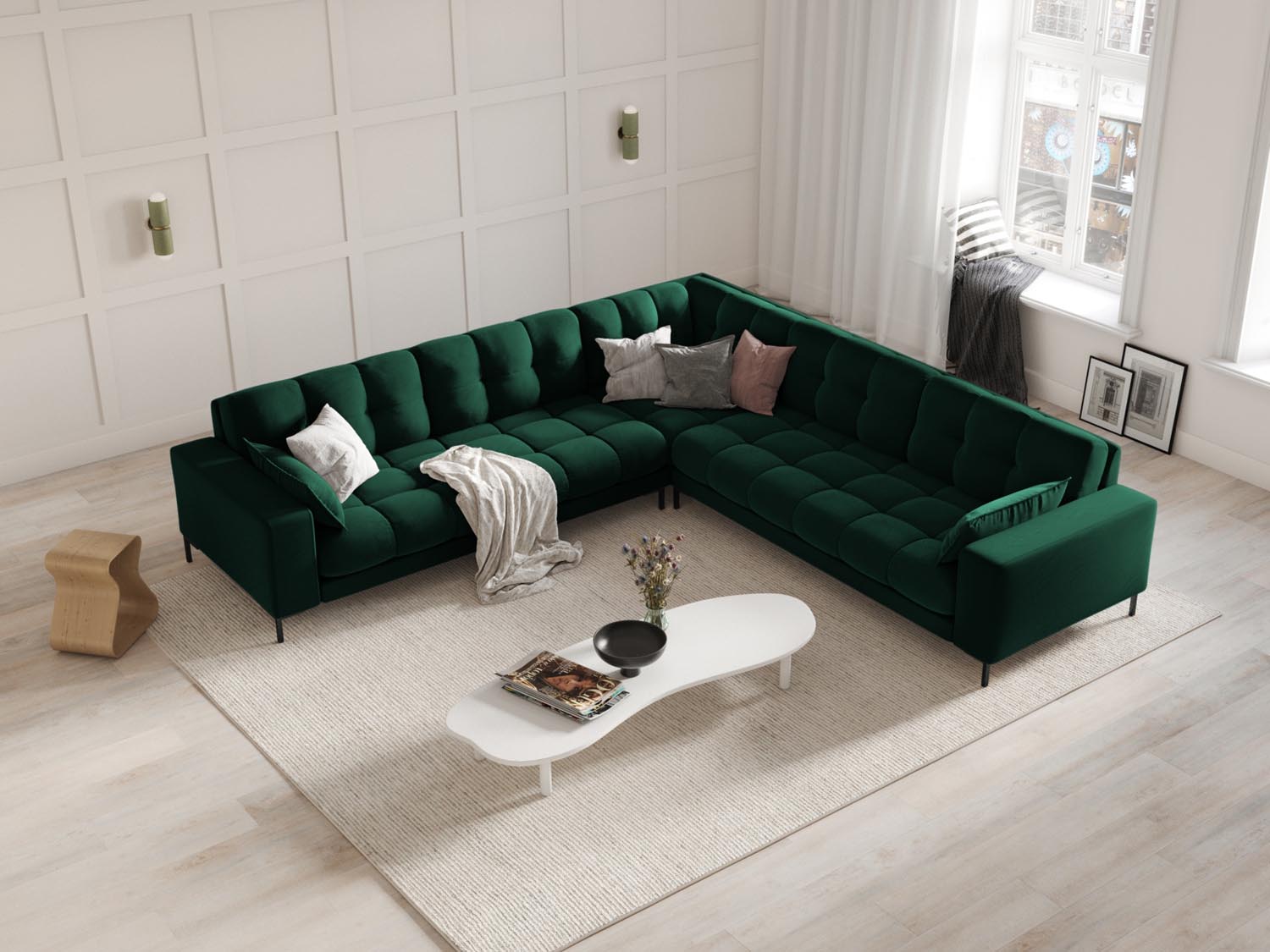 Elegantes Mamaia Velour Ecksofa in Flaschengrün und Schwarz-Bluvel, ideal für stilvolle Wohnräume, präsentiert von Micadoni.