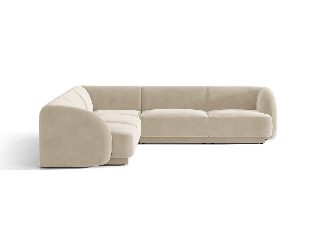 Dunkelbeiges symmetrisches Ecksofa Miley von Micadoni aus Bluvel-Stoff mit schwarzen Kunststoffbeinen, moderne L-Form für Wohnräume.