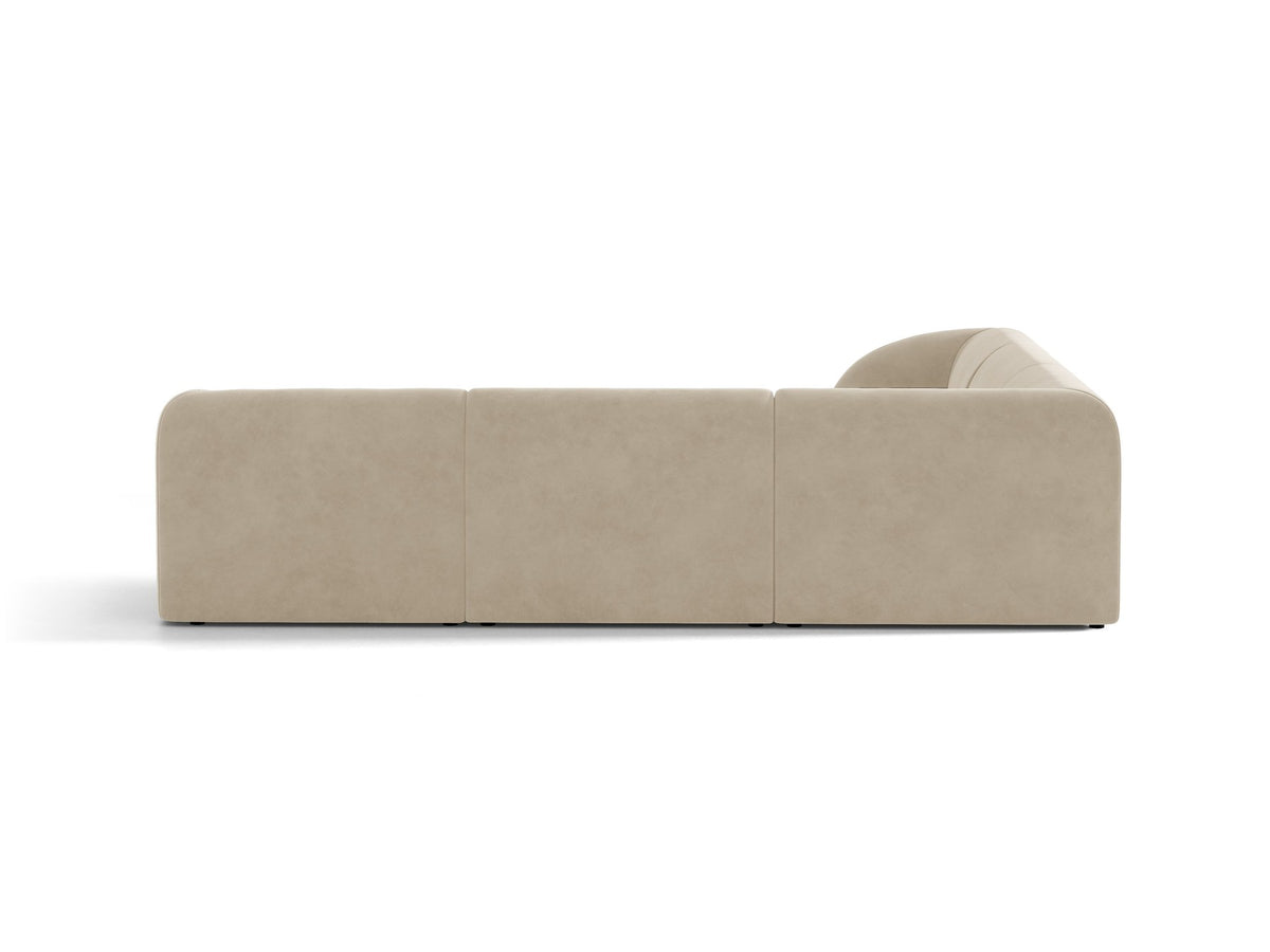 Dunkelbeiges symmetrisches Ecksofa Miley von Micadoni aus Bluvel-Stoff mit schwarzen Kunststoffbeinen, moderne L-Form für Wohnräume.