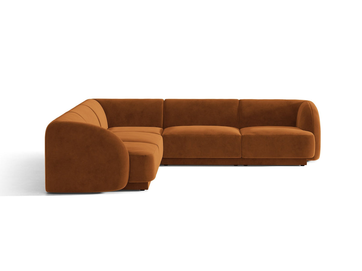 Dunkelbeiges symmetrisches Ecksofa Miley von Micadoni aus Bluvel-Stoff mit schwarzen Kunststoffbeinen, moderne L-Form für Wohnräume.