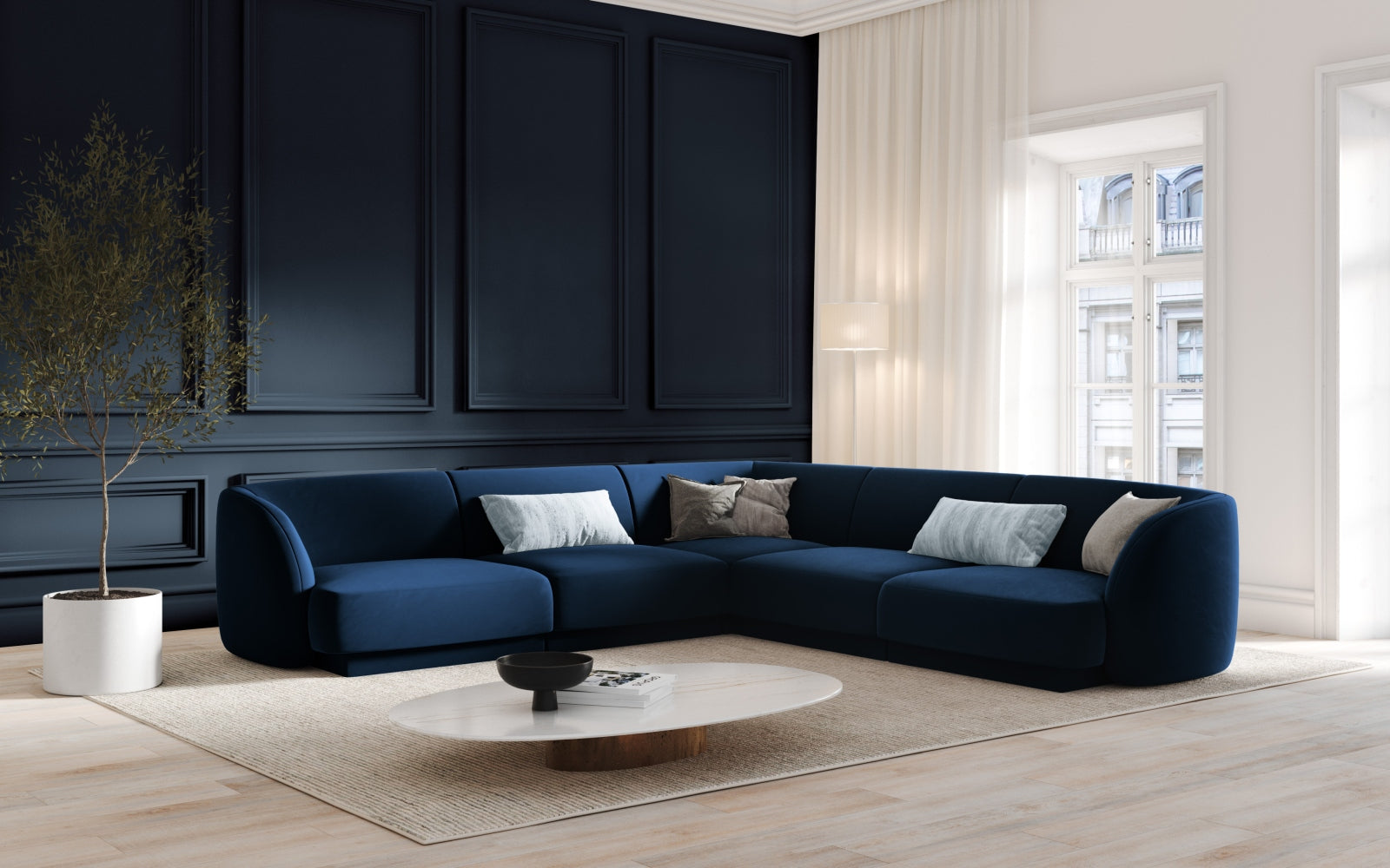 Elegantes Miley Velour Ecksofa in Royal Blue, 5-Sitzer mit symmetrischem Design, ideal für stilvolle Wohnräume.