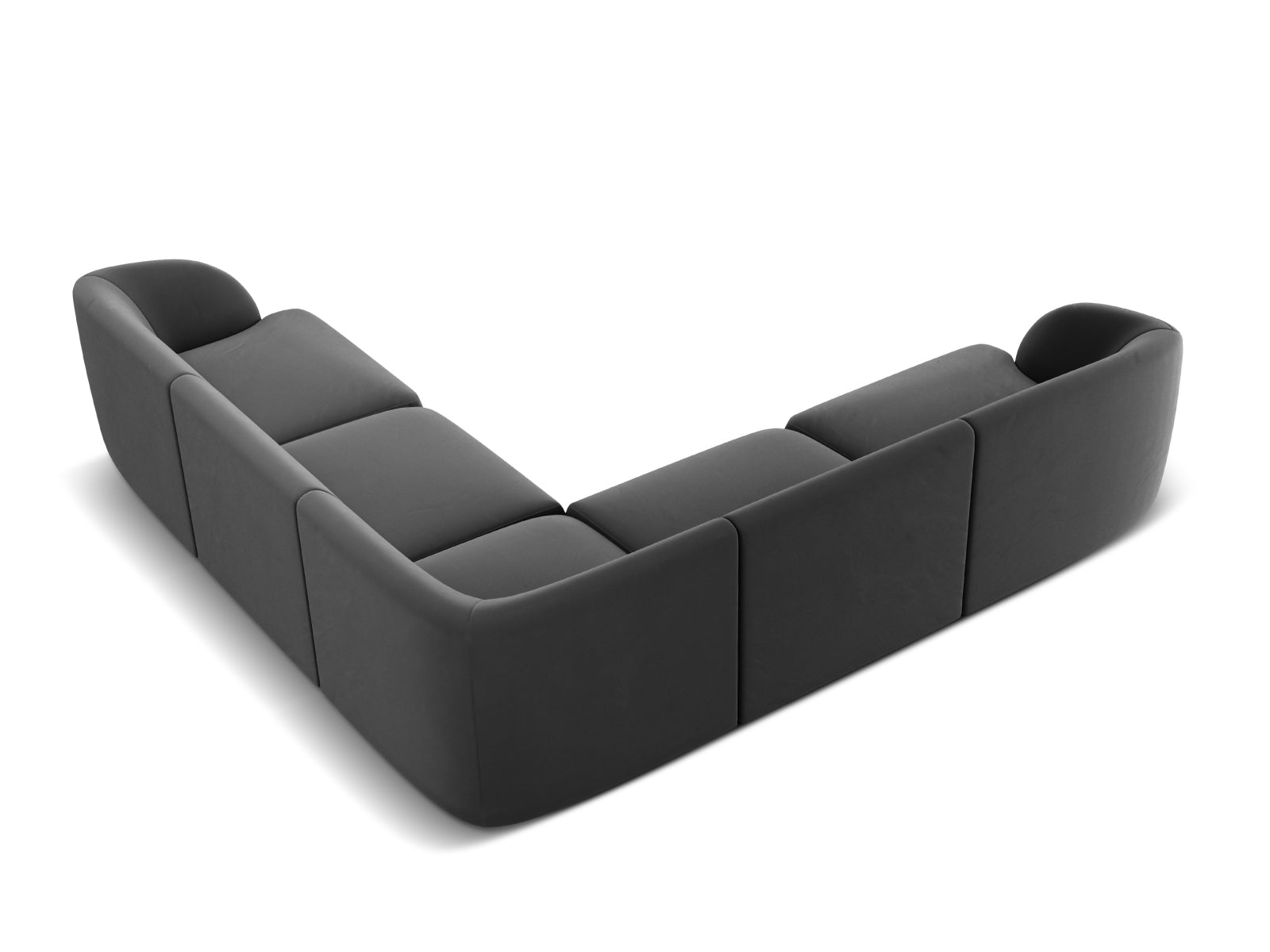 Stylisches 5-Sitzer Ecksofa Miley aus Velours, symmetrisches Design in modernem Graublau, perfekt für gemütliche Wohnzimmer.
