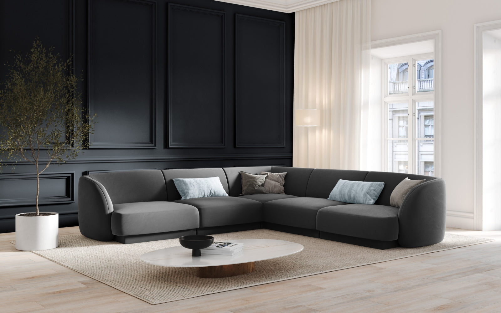 Elegantes Miley Velour Ecksofa in symmetrischer Form, ideal für stilvolle Wohnräume, präsentiert in einem modernen graublauen Farbton.