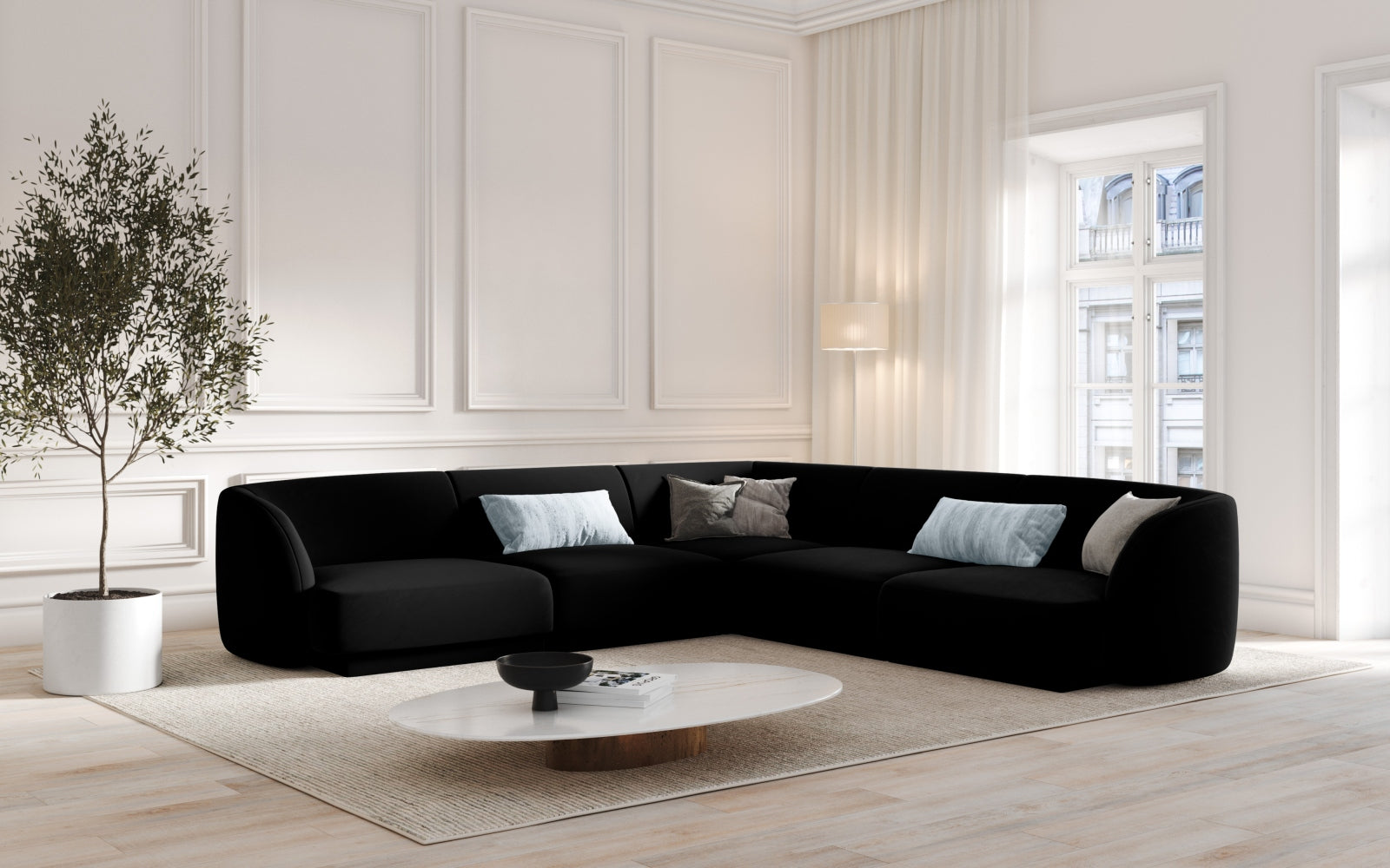 Elegantes Miley Velour Ecksofa in Schwarz-Blau, ideal für stilvolle Wohnräume. 5-Sitzer von Micadoni, perfekt für gesellige Abende.