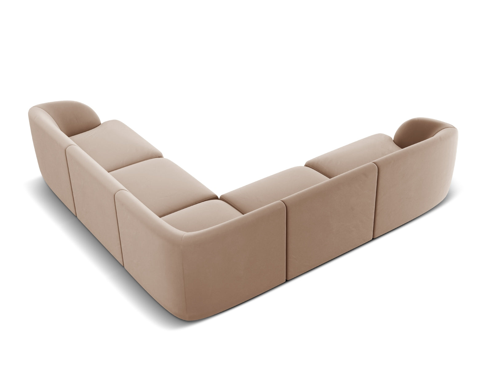 Stylisches 5-Sitzer Ecksofa Miley aus Velours, symmetrisches Design in edlem Cappuccino-Bluvel, perfekt für zeitgemäße Wohnkonzepte.