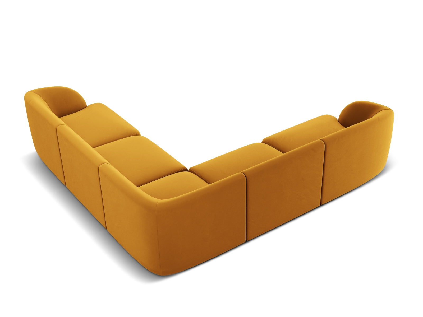 Stylisches 5-Sitzer Ecksofa Miley aus Velours mit symmetrischer Form, ideal für gemütliche Zusammenkünfte und modernes Wohnen.