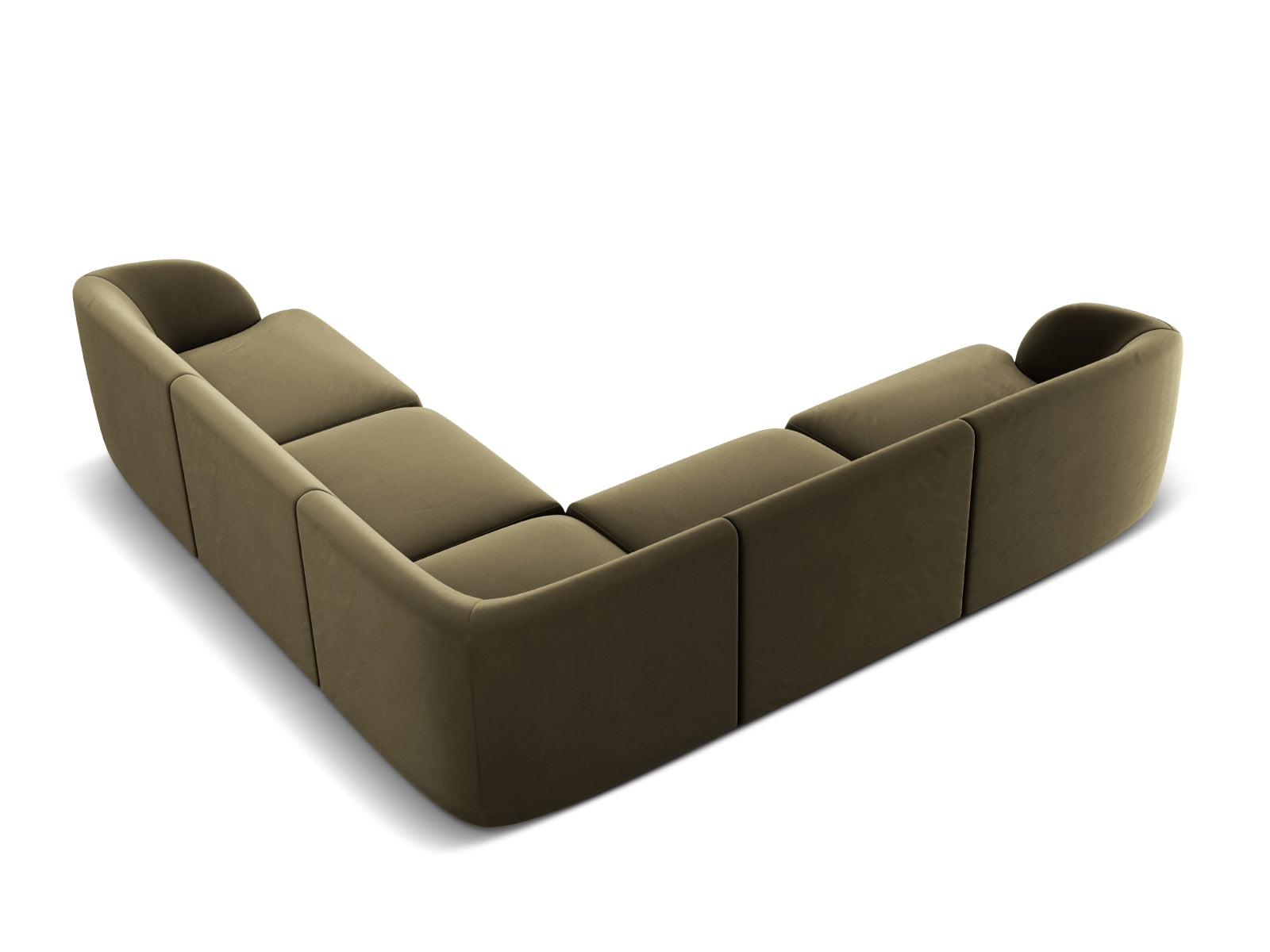 Luxuriöses 5-Sitzer Ecksofa Miley aus Velours, symmetrisch gestaltet, in einem modernen Grünton für ein stilvolles Ambiente.