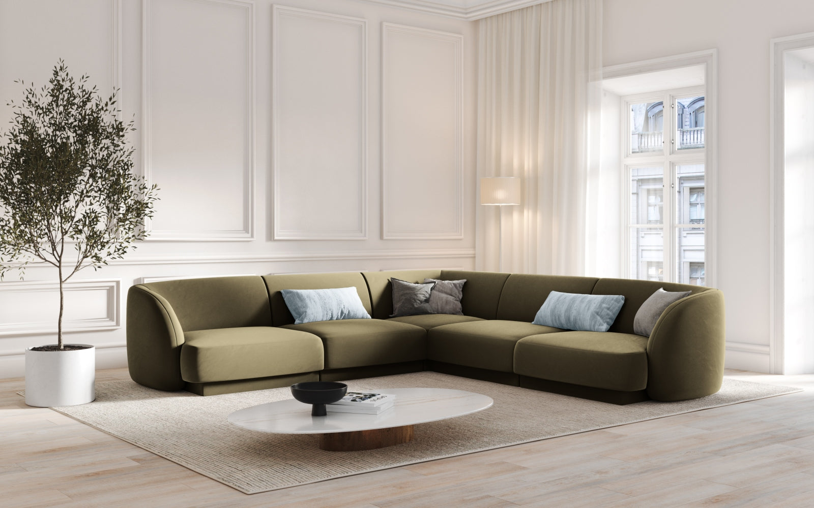 Elegantes Miley Velour Ecksofa in symmetrischem Design, ideal für stilvolle Wohnräume, präsentiert in einer ansprechenden grünen Farbgebung.