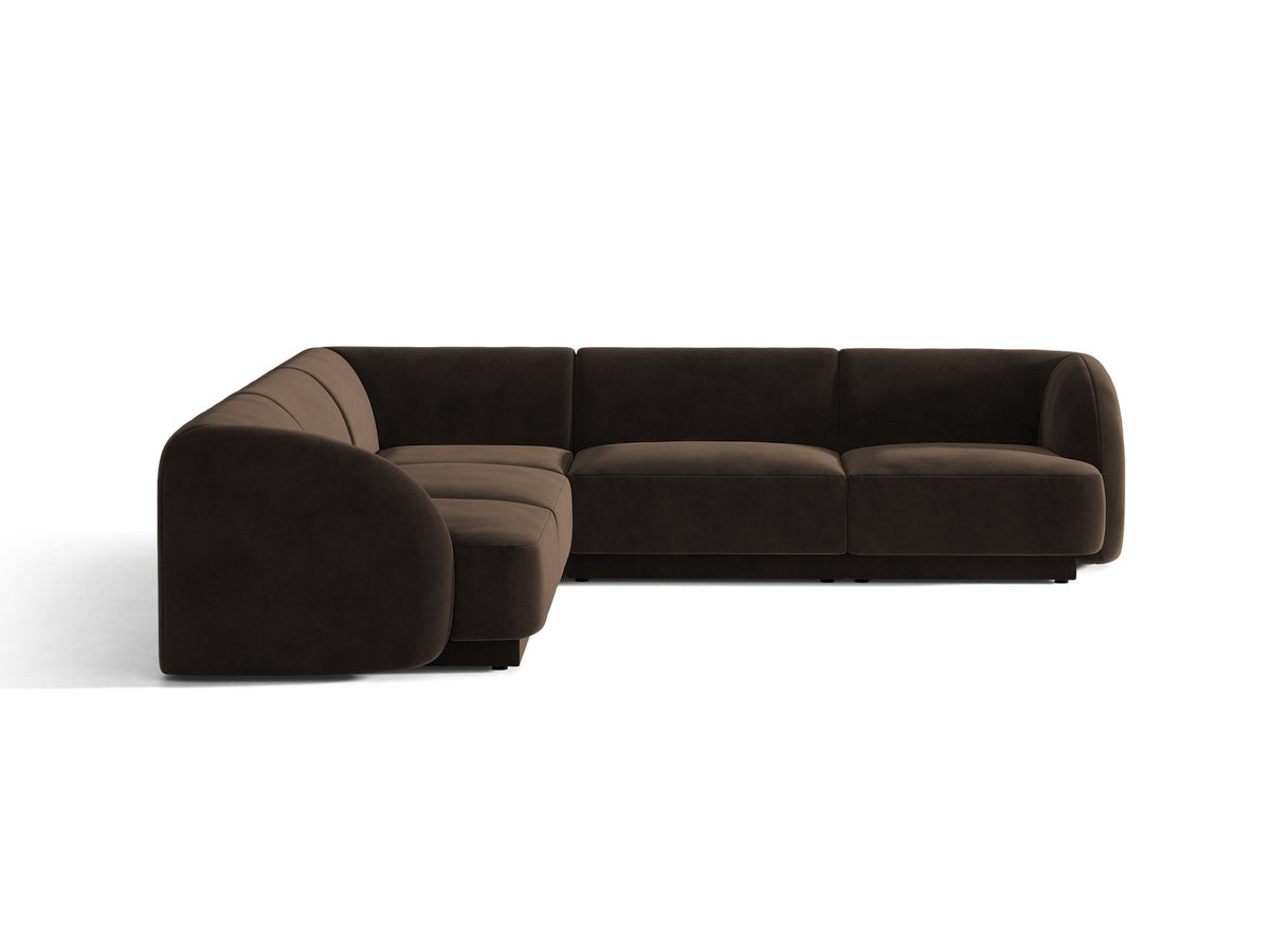 Dunkelbeiges symmetrisches Ecksofa Miley von Micadoni aus Bluvel-Stoff mit schwarzen Kunststoffbeinen, moderne L-Form für Wohnräume.