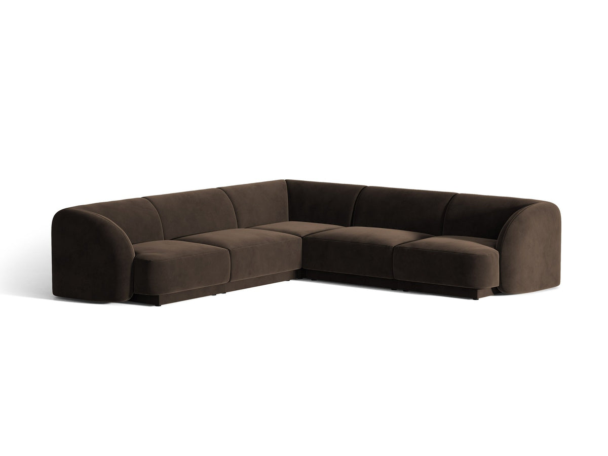 Dunkelbeiges symmetrisches Ecksofa Miley von Micadoni aus Bluvel-Stoff mit schwarzen Kunststoffbeinen, moderne L-Form für Wohnräume.