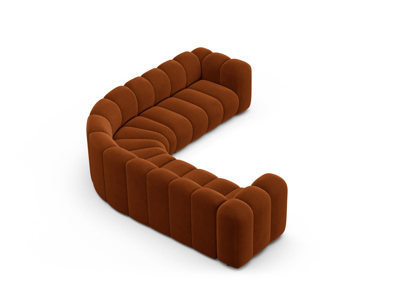 Modulares 5-Sitzer Ecksofa Lupine in warmem Terracotta, perfekt für moderne Wohnkonzepte und gemütliche Zusammenkünfte.
