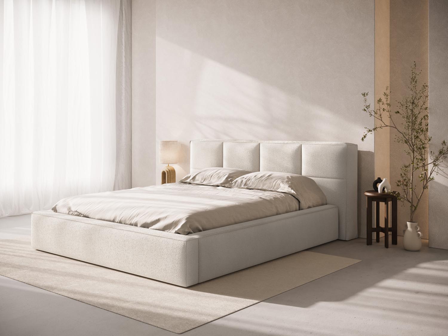 Elegantes Darren Boucle Kopfteil in hellem Beige, stilvoll inszeniert für ein modernes Schlafzimmerambiente.