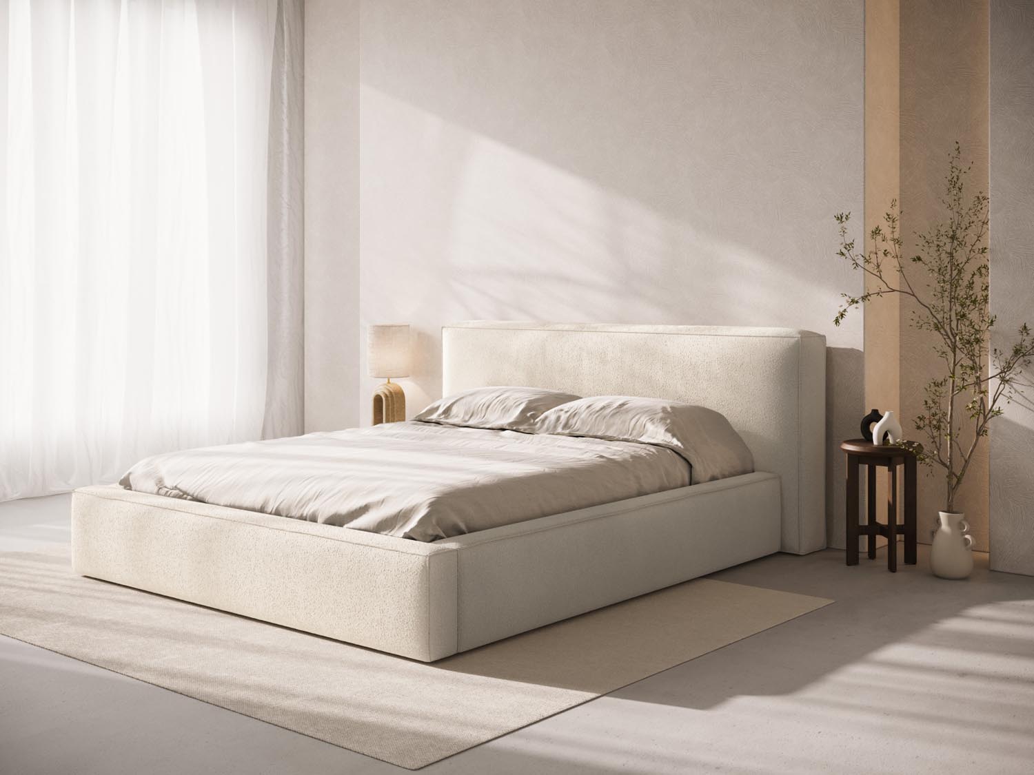 Elegantes Olivia Boucle Kopfteil in sanftem Beige, ideal für stilvolle Schlafzimmergestaltung. Hochwertige Verarbeitung von Micadoni.