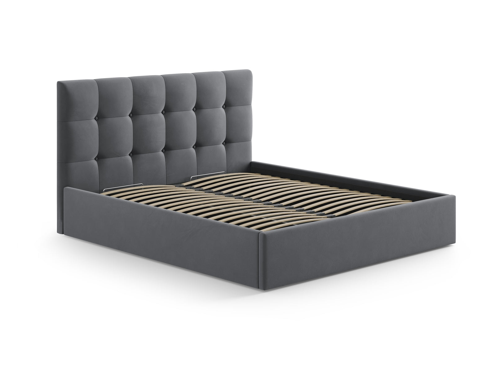 Elegantes Phaedra Velour Kopfteil in sanftem Grau-Blau, ideal für stilvolle Schlafzimmer. Hochwertige Verarbeitung von Micadoni.