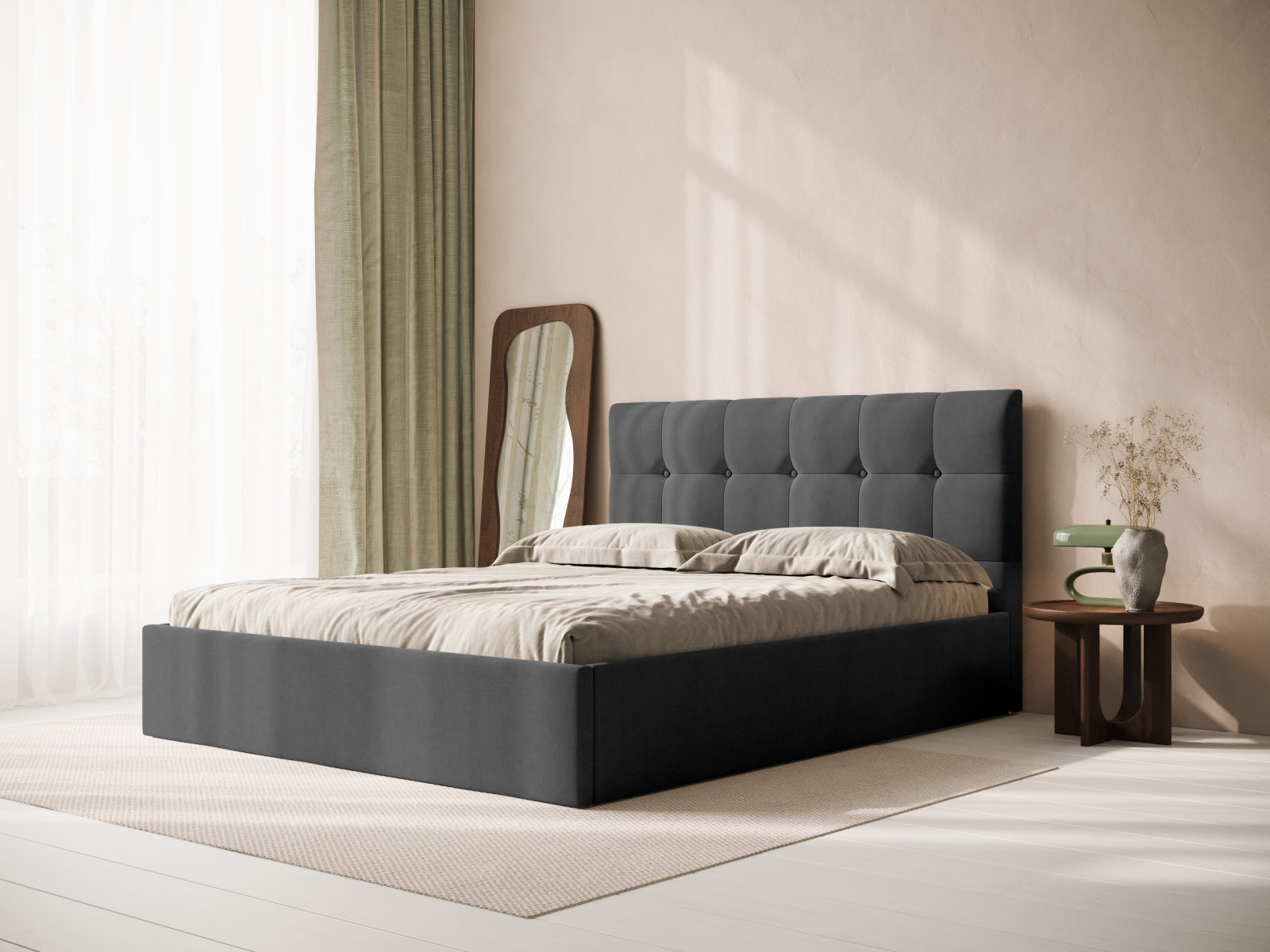 Modernes Kopfteil Phaedra in edlem Anthrazit, perfekt für ein stilvolles Schlafzimmer und harmonische Einrichtungselemente.