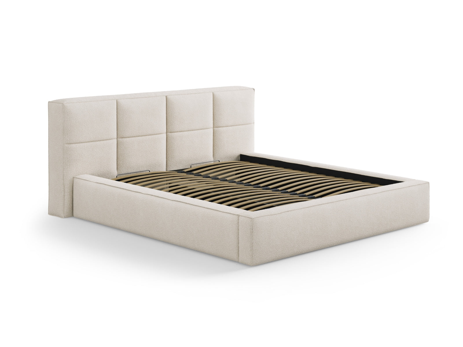 Elegantes Darren Boucle Kopfteil in warmem Beige, ideal für moderne Schlafzimmer und schafft eine einladende Atmosphäre.