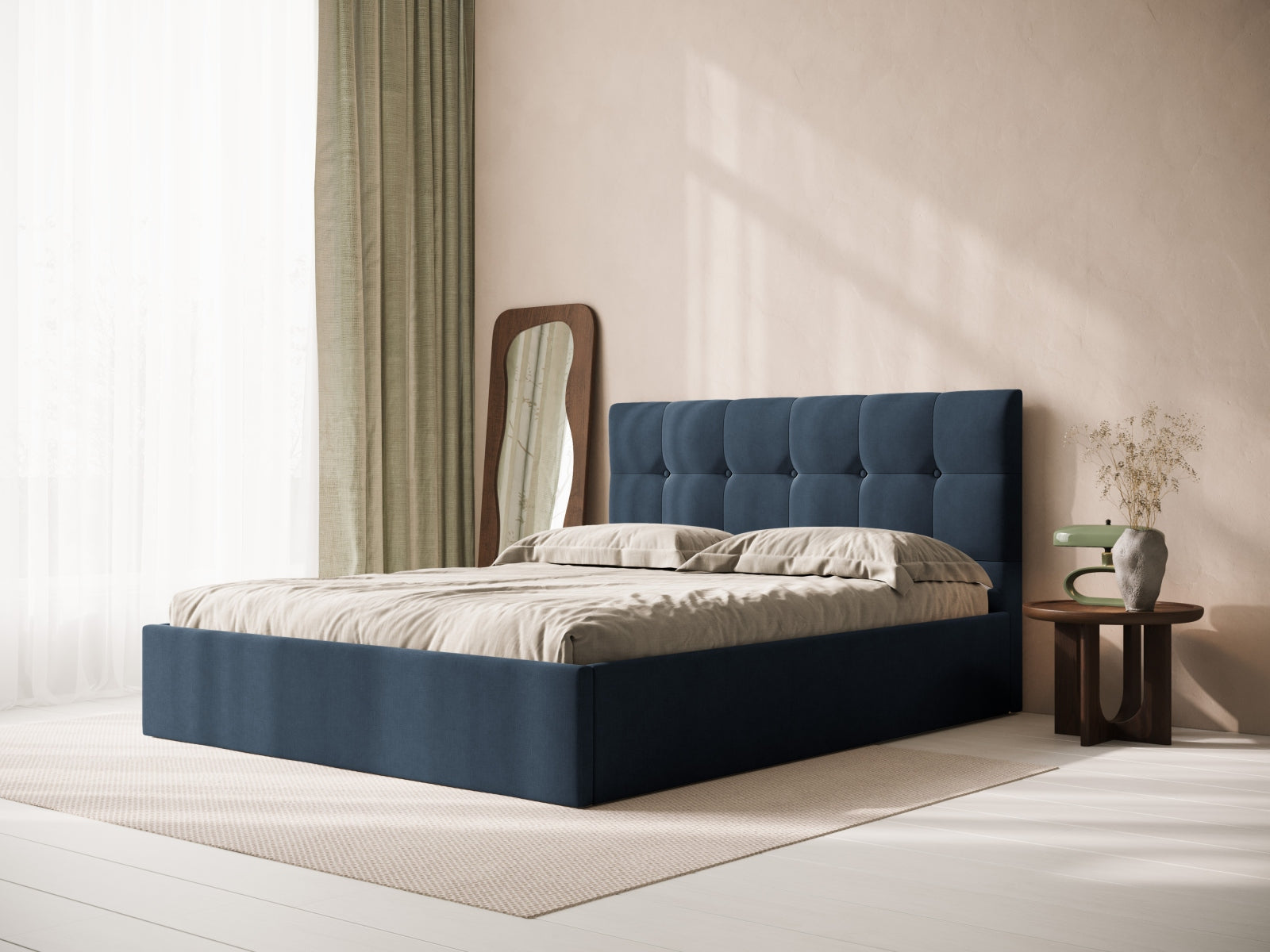 Stilvolles Kopfteil Phaedra in edlem Dunkelblau, perfekt für moderne Schlafzimmer und als elegantes Akzentstück.
