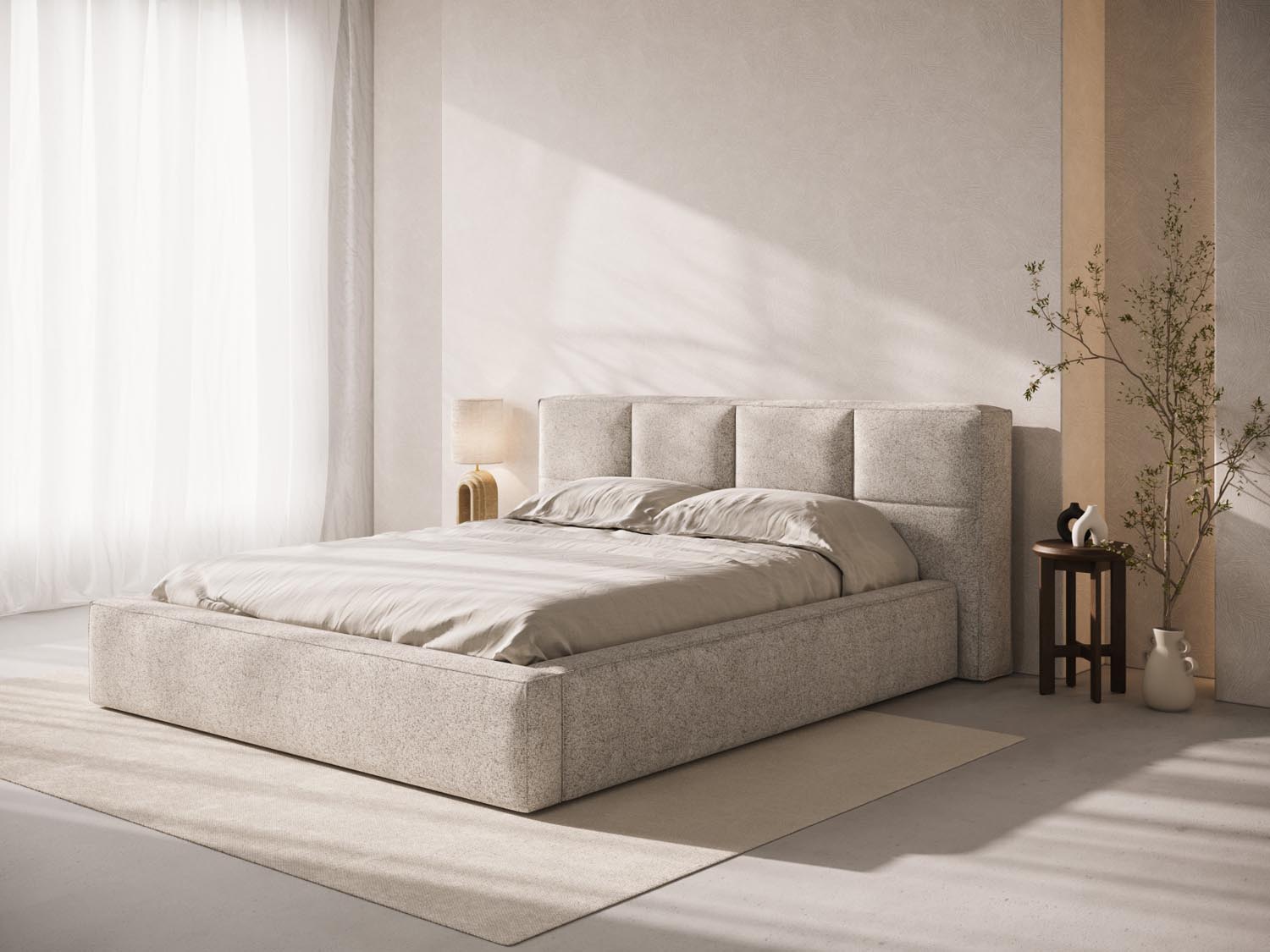 Elegantes Kopfteil Darren in sanftem Beige, ideal für zeitgemäße Schlafzimmergestaltung. Hochwertige Verarbeitung von Micadoni.