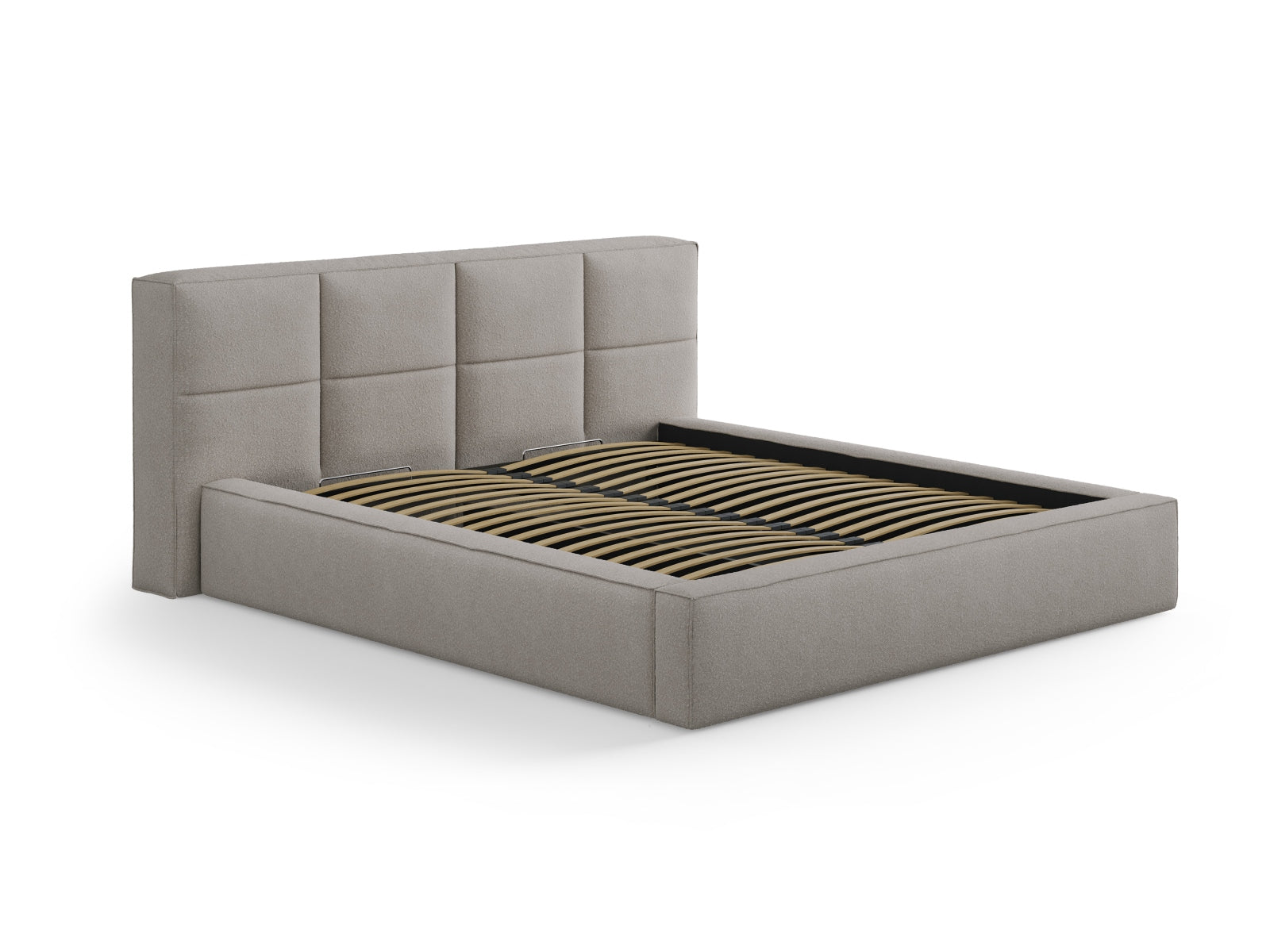 Stilvolles Darren Boucle Kopfteil in sanftem Dunkelbeige, ideal für zeitgemäße Schlafzimmergestaltung und gemütliches Ambiente.
