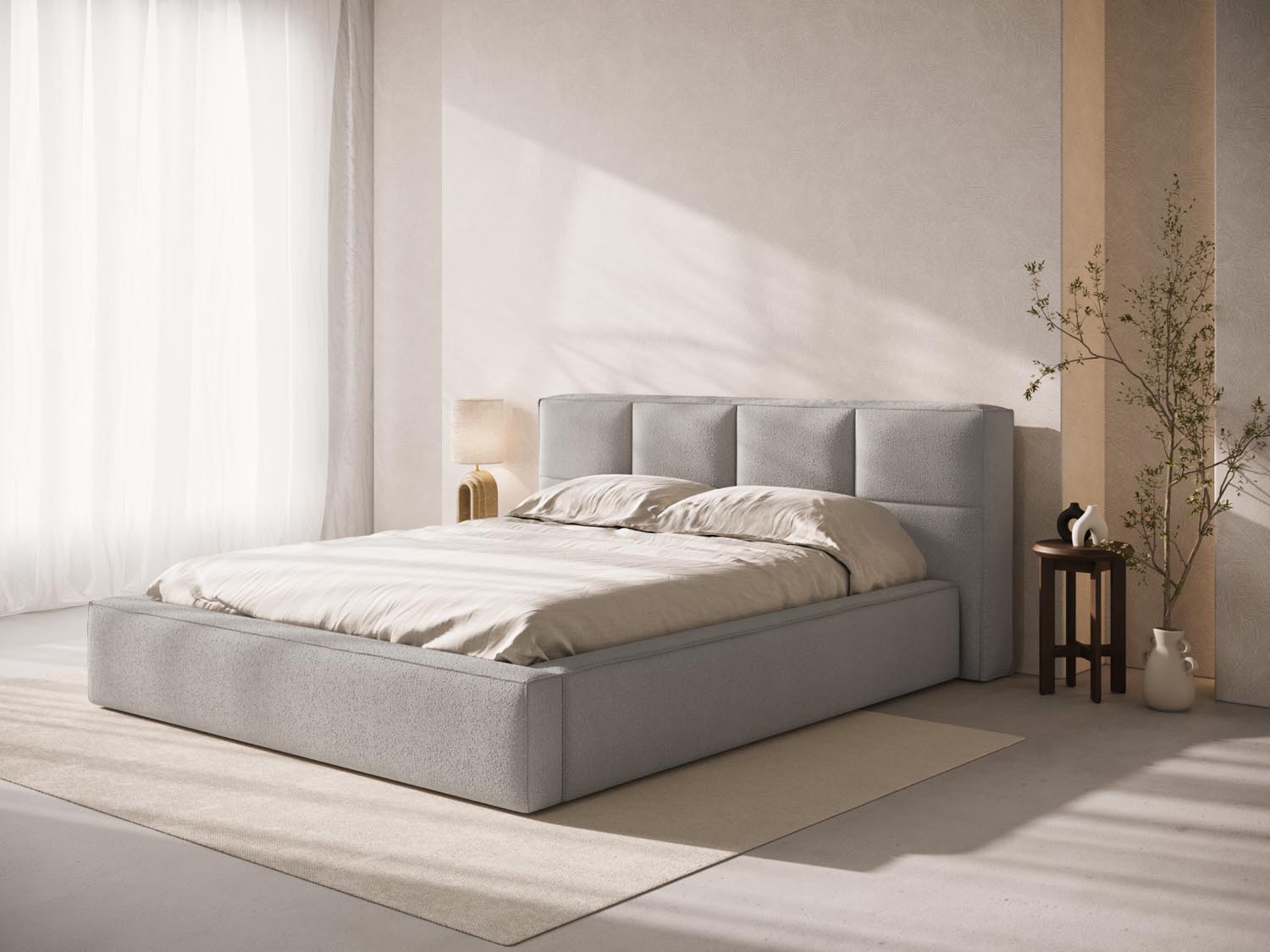 Stilvolles Darren Boucle Kopfteil in sanftem Dunkelbeige, ideal für zeitgemäße Schlafzimmergestaltung und gemütliches Ambiente.