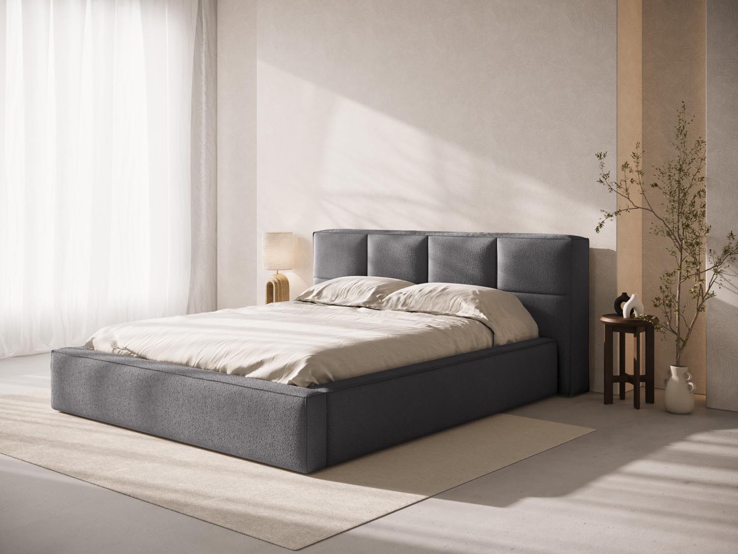 Elegantes Darren Boucle Kopfteil in Graphit, ideal für zeitgemäße Schlafzimmergestaltung und schafft eine gemütliche, stilvolle Umgebung.