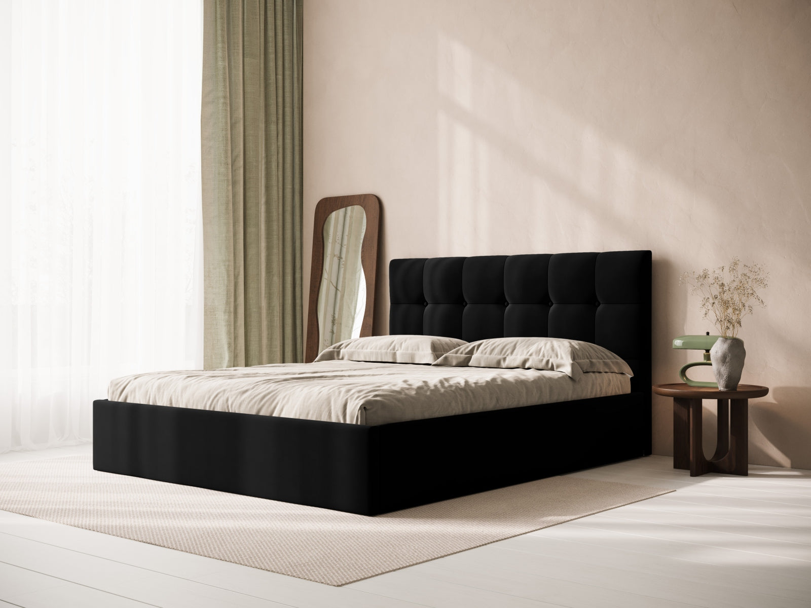 Luxuriöses Phaedra Velour Kopfteil in edlem Schwarz-Bluvel, perfekt für stilvolle Schlafzimmer und zeitgemäße Einrichtungsideen.