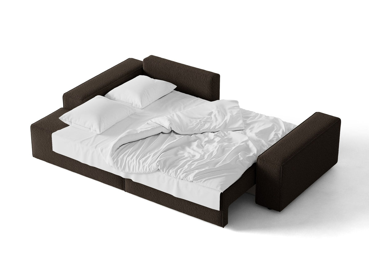 Braunes Ecksofa Jodie von Micadoni mit linker Ausrichtung, Baloo-Stoffbezug, schwarzen Kunststoffbeinen und ausklappbarem Bettkasten.