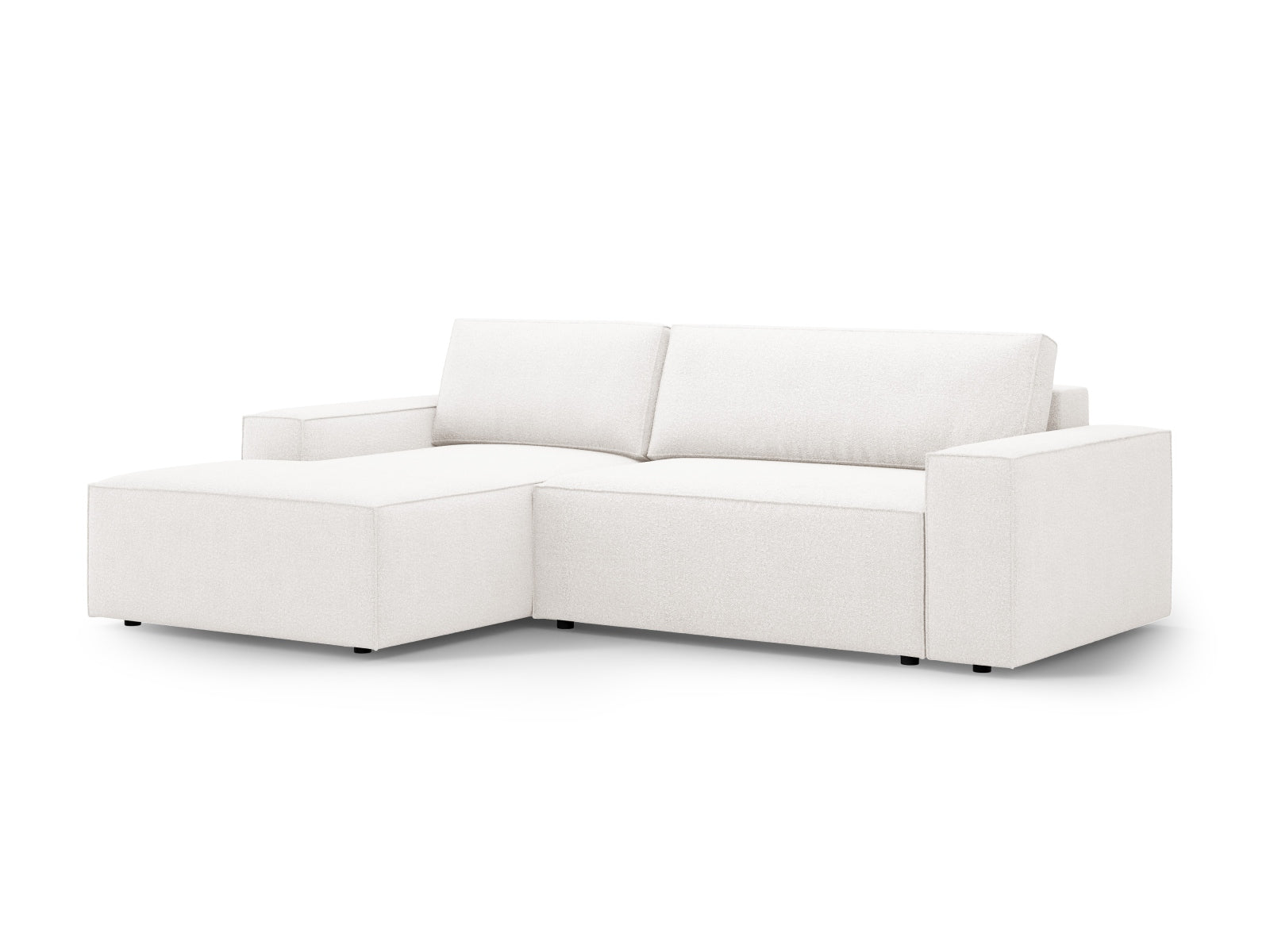 Modernes Jodie Boucle Ecksofa links mit praktischer Schlaffunktion und Stauraum, perfekt für entspannte Abende und platzsparende Lösungen.