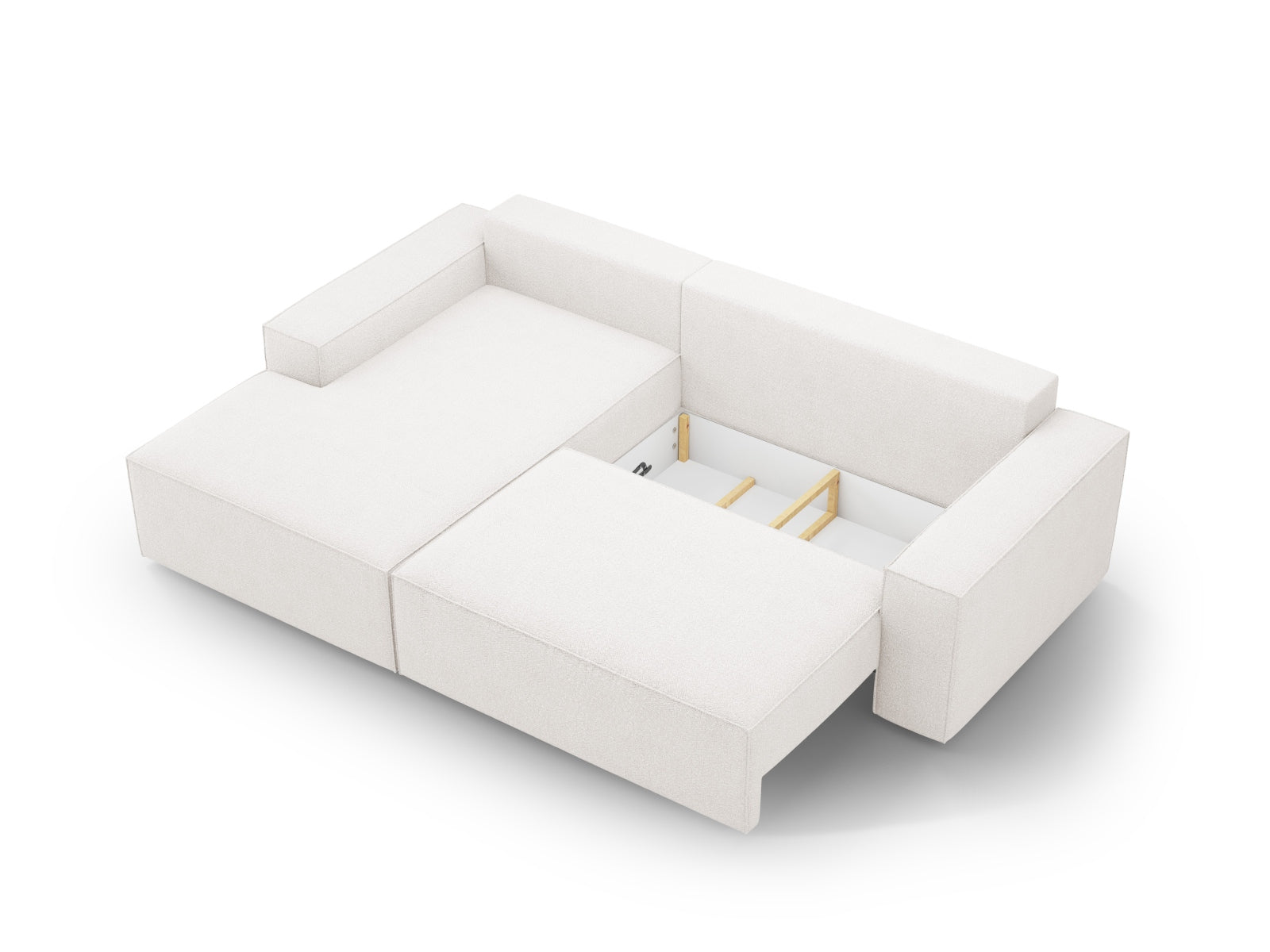 Elegantes Jodie Boucle Ecksofa links, 3-Sitzer mit praktischer Schlaffunktion und Stauraum, perfekt für vielseitige Wohnkonzepte.
