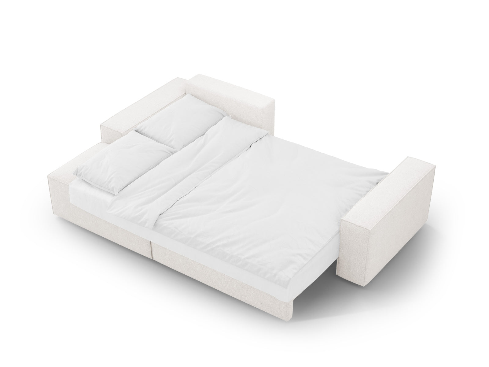 Stylisches Jodie Boucle Ecksofa links, 3-Sitzer mit Schlafoption und integriertem Stauraum, ideal für moderne Wohnräume.