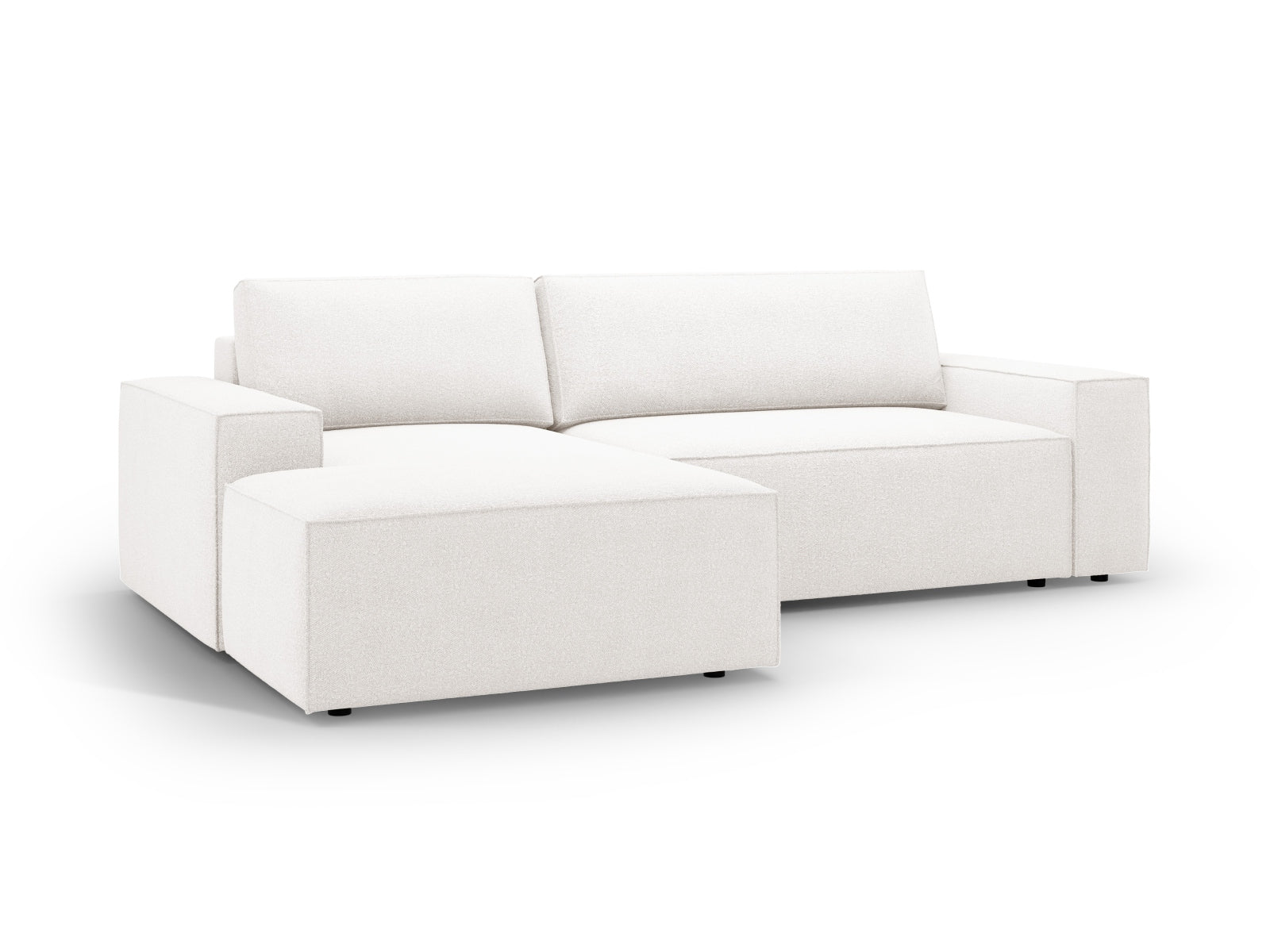 Elegantes Jodie Boucle Ecksofa links, 3-Sitzer mit praktischer Schlaffunktion und Stauraum, perfekt für stilvolle Wohnzimmer.