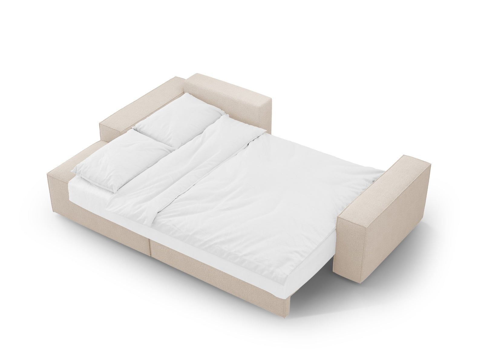 Beiges Jodie Boucle Ecksofa links mit Schlaffunktion und Stauraum, perfekt für stilvolle Wohnräume und vielseitige Nutzungsmöglichkeiten.