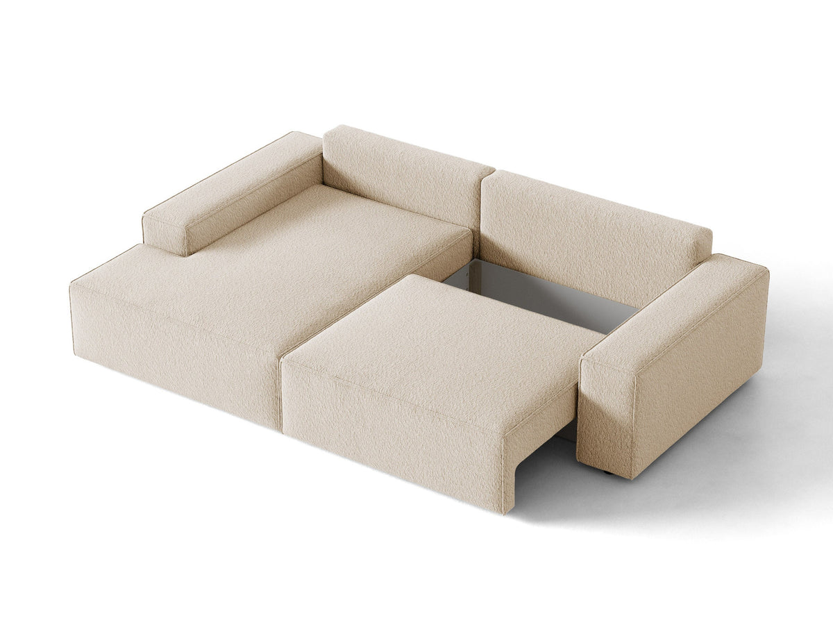 Jodie Boucle Ecksofa links mit Schlaffunktion und Stauraumbox 3 Sitzer in Beige-Baloo präsentiert im Onlineshop von KAQTU Design AG. Bettsofa links ist von Micadoni