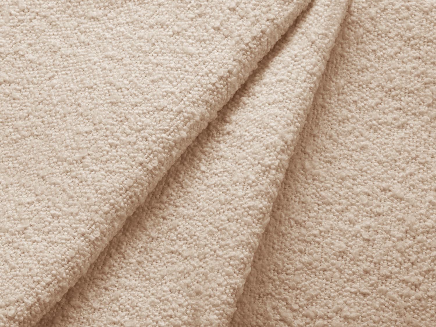 Beiges, modernes Ecksofa Jodie Boucle links mit Schlaffunktion und Stauraum, perfekt für stilvolle und funktionale Wohnräume.
