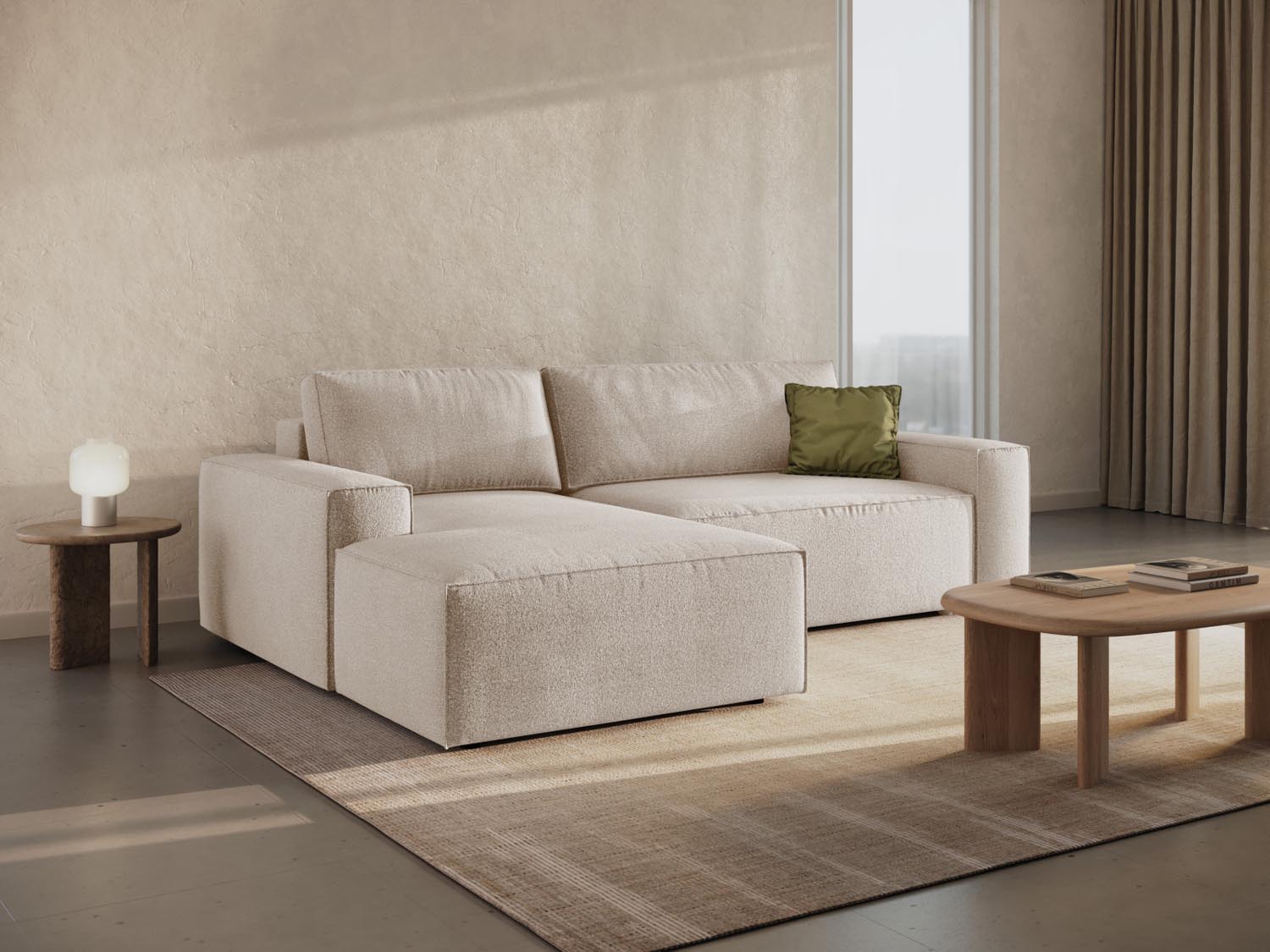 Beige Jodie Boucle Ecksofa links mit Schlaffunktion und Stauraum, stilvolles 3-Sitzer Design für modernes Wohnen.