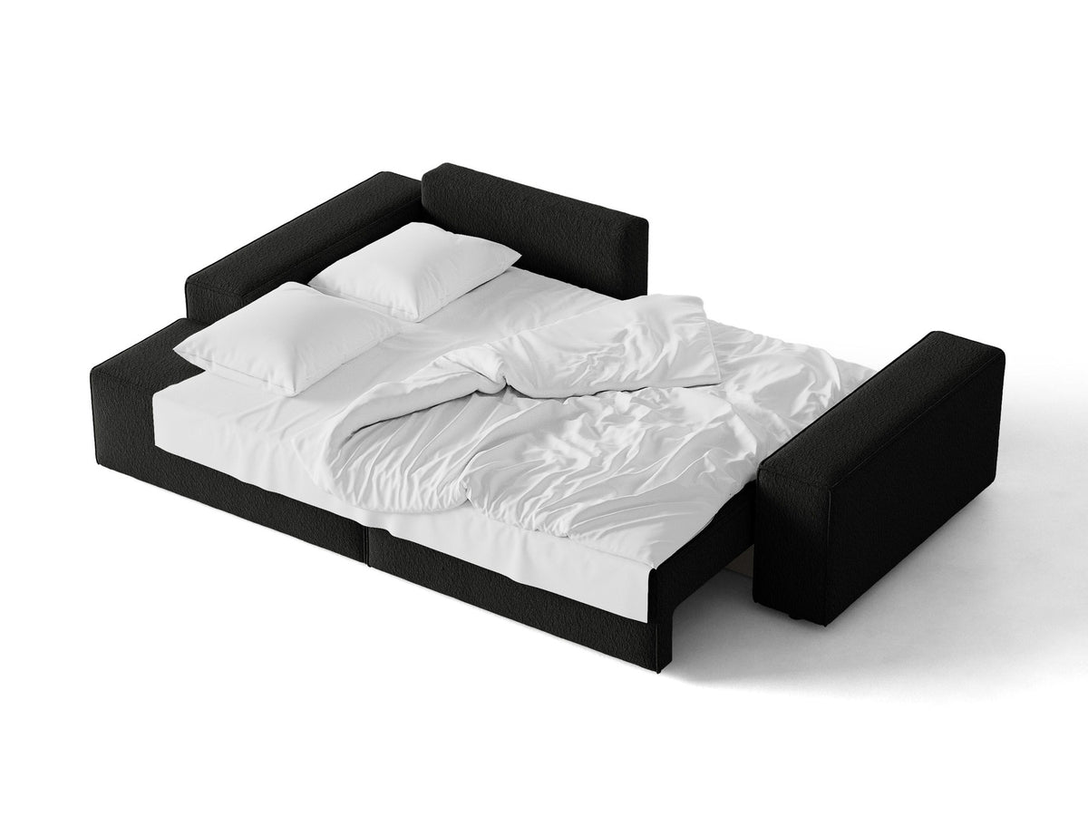Jodie Boucle Ecksofa links mit Schlaffunktion und Stauraumbox 3 Sitzer in Black-Baloo präsentiert im Onlineshop von KAQTU Design AG. Bettsofa links ist von Micadoni