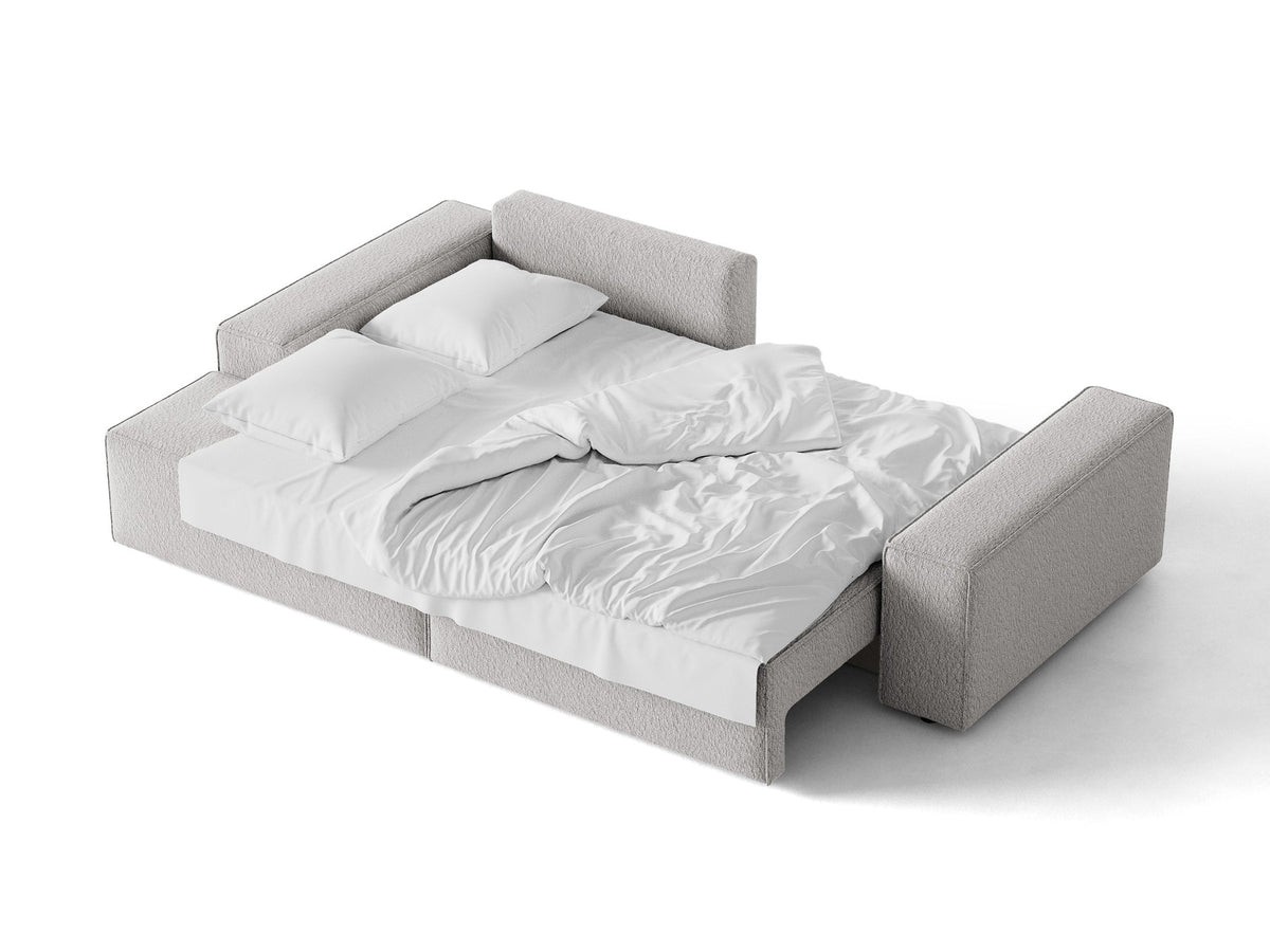 Jodie Boucle Ecksofa links mit Schlaffunktion und Stauraumbox 3 Sitzer in Light Grey-Baloo präsentiert im Onlineshop von KAQTU Design AG. Bettsofa links ist von Micadoni