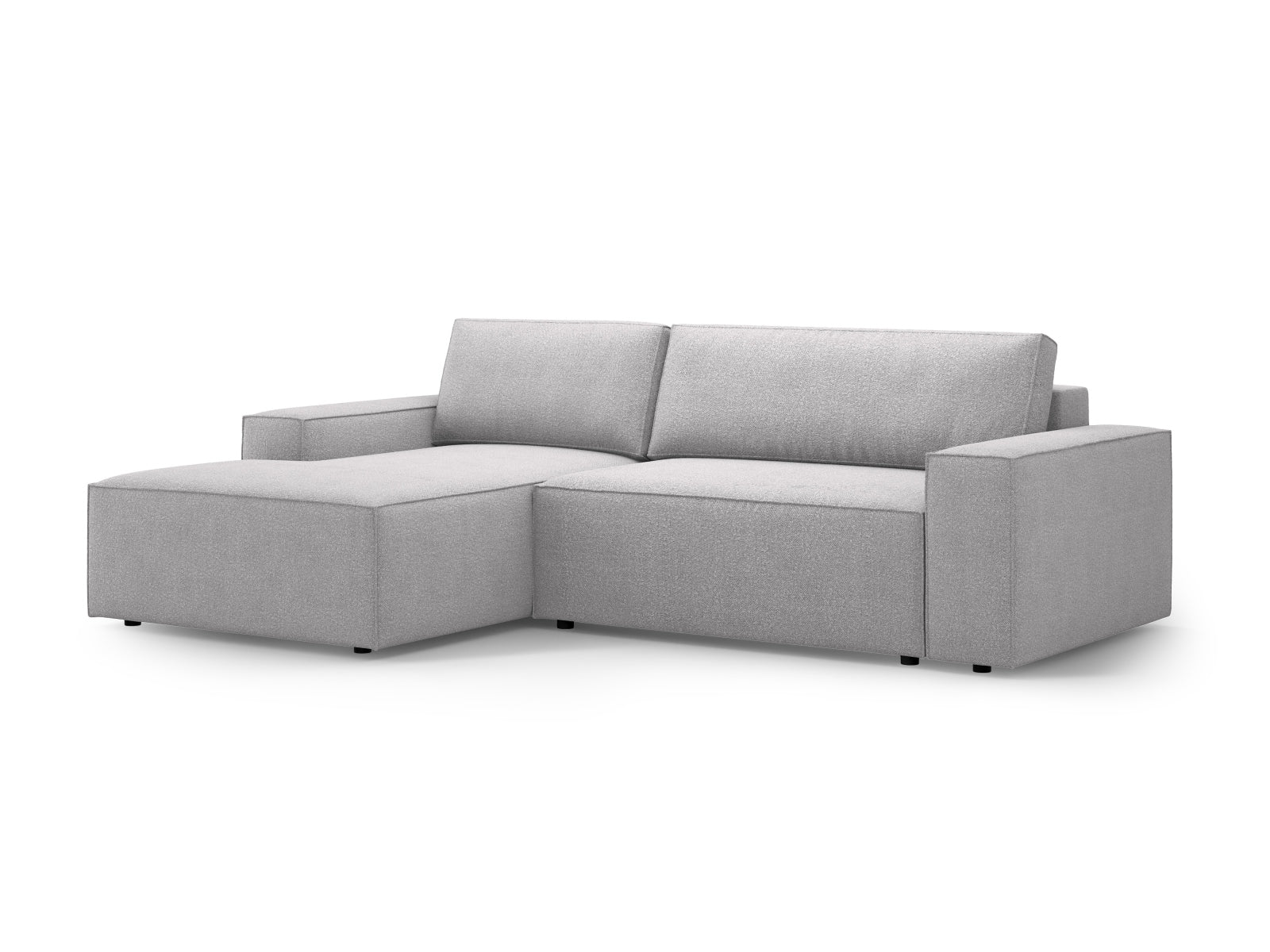 Elegantes Jodie Boucle Ecksofa links in sanftem Grau, bietet eine komfortable Schlaffunktion und praktischen Stauraum für Ihr Zuhause.